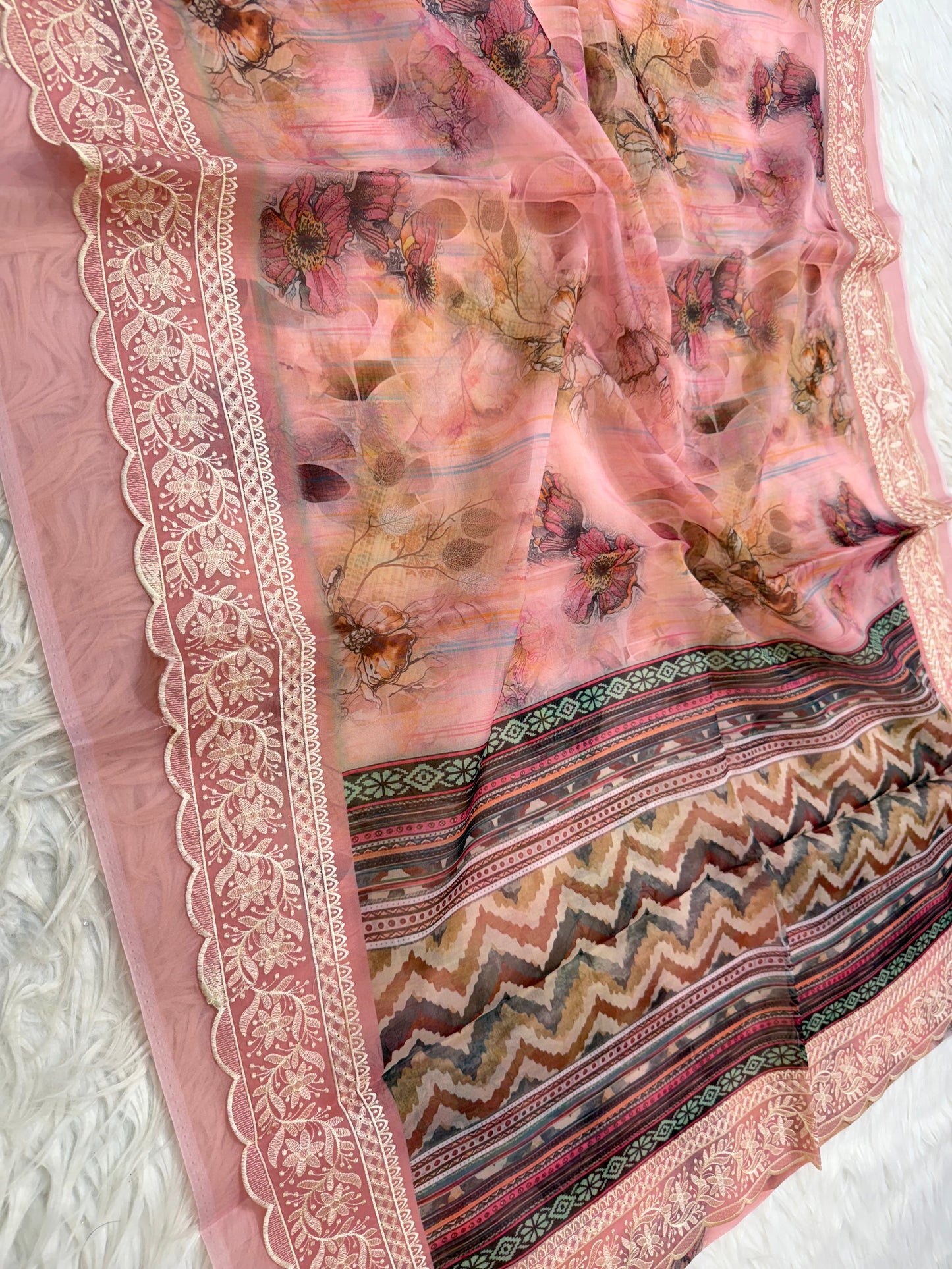 Peach multi shade kora organza digital print embroidery Banarasi saree