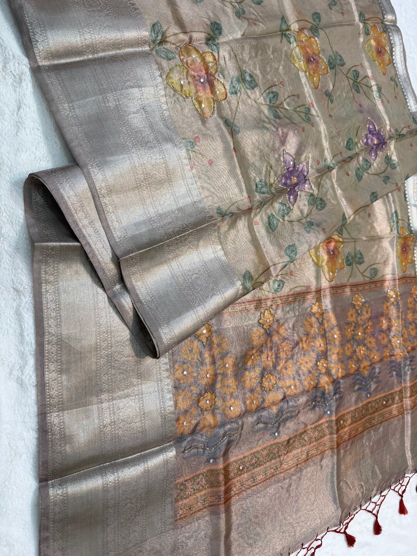 multicolour tissue silk digital print handwork premium Banarasi saree