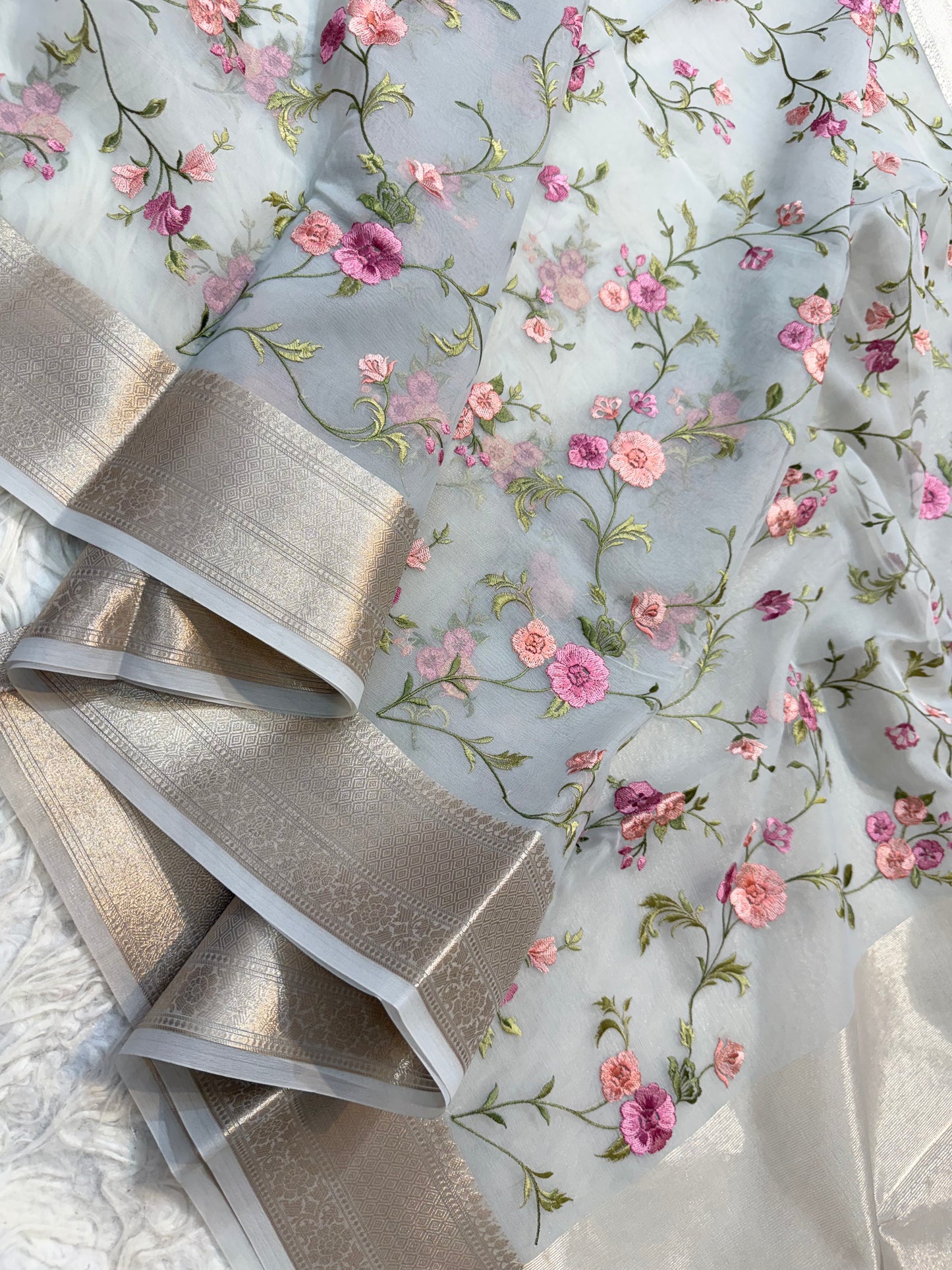 Grey shade organza embroidery Banarasi saree