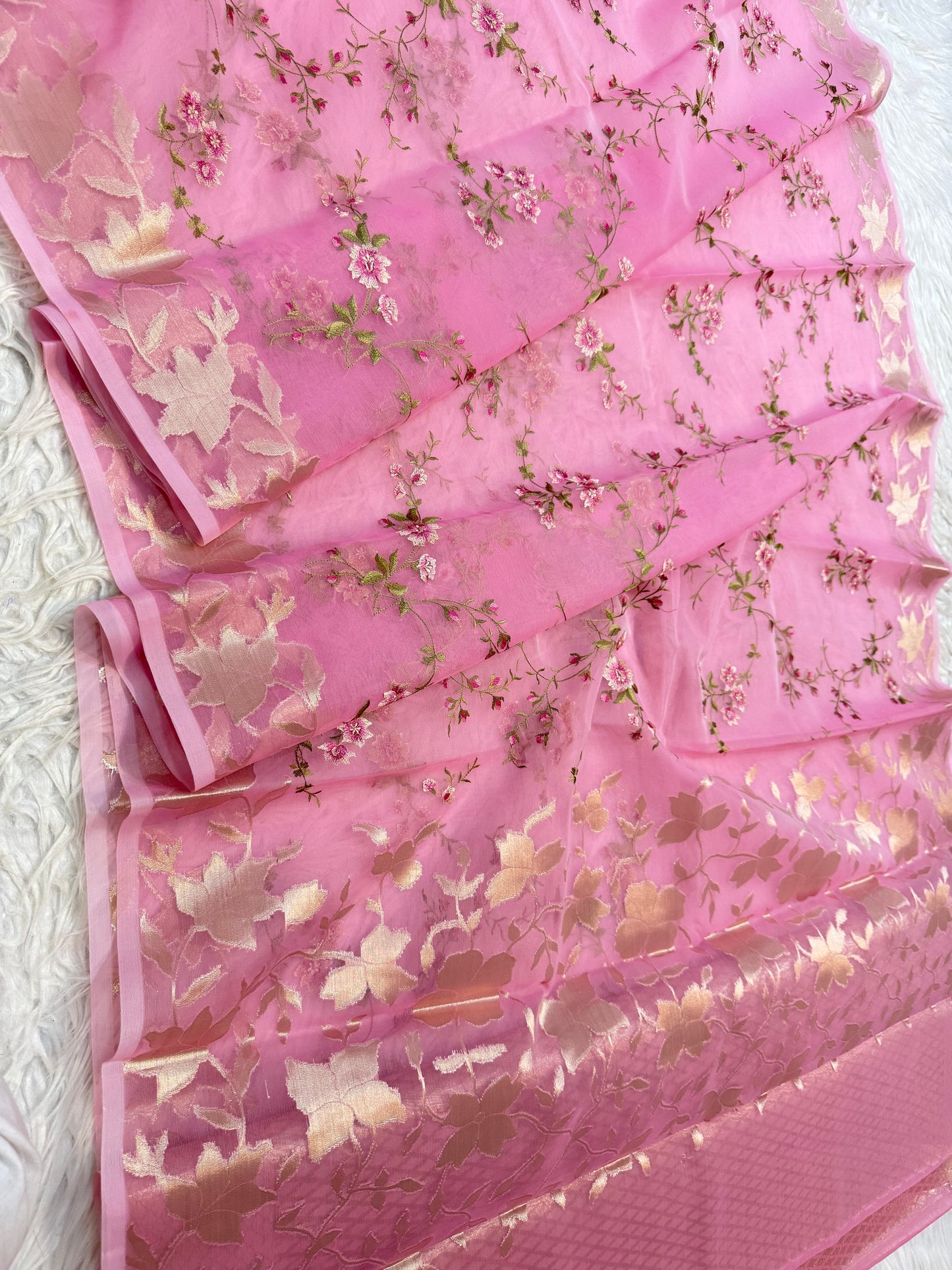 Pink shade kora organza embroidery Banarasi saree