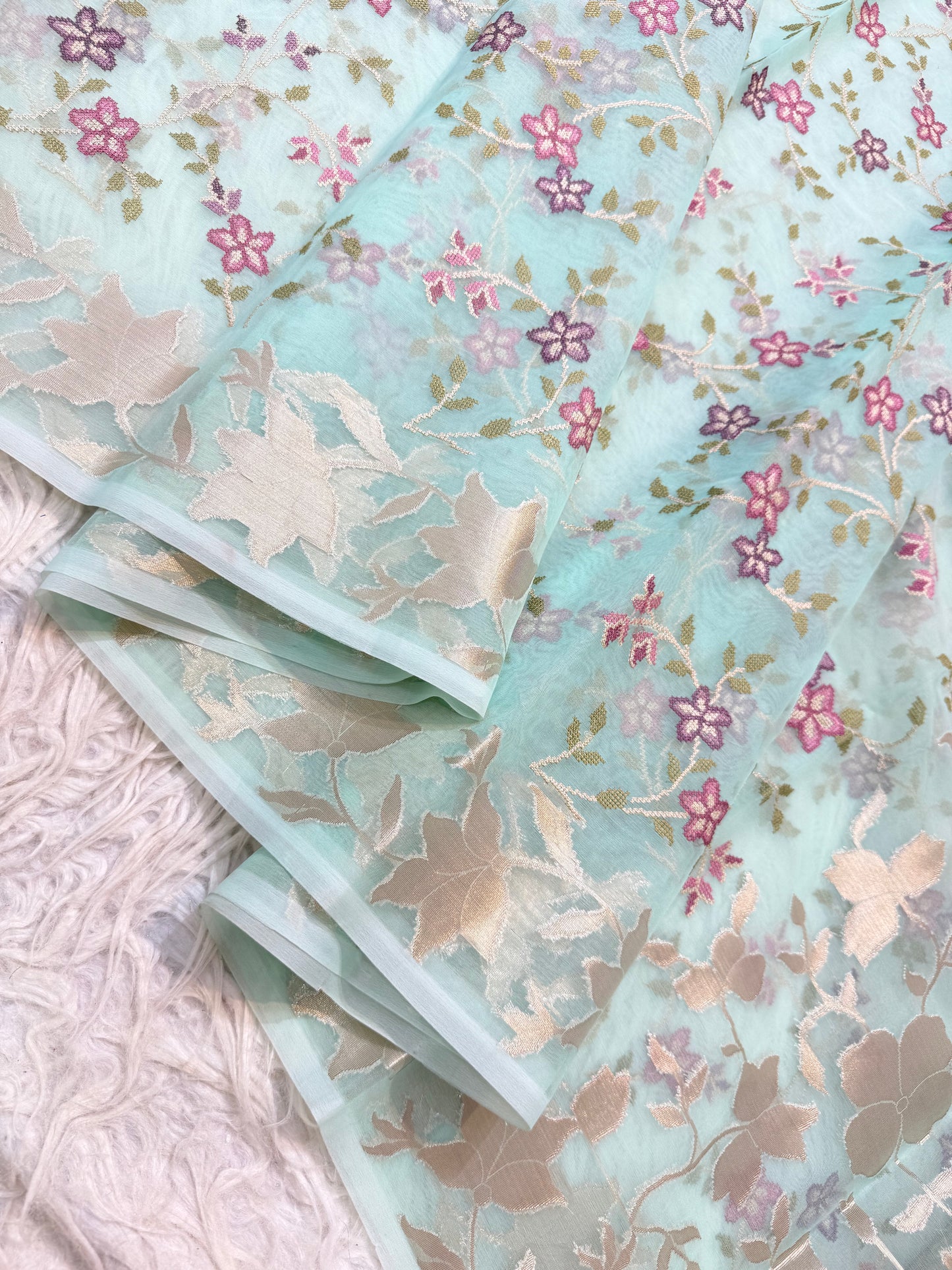 Turquoise shade kora organza embroidery saree