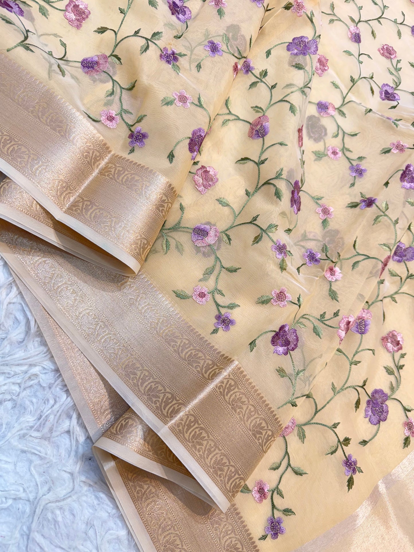 Beige shade organza embroidery Banarasi saree