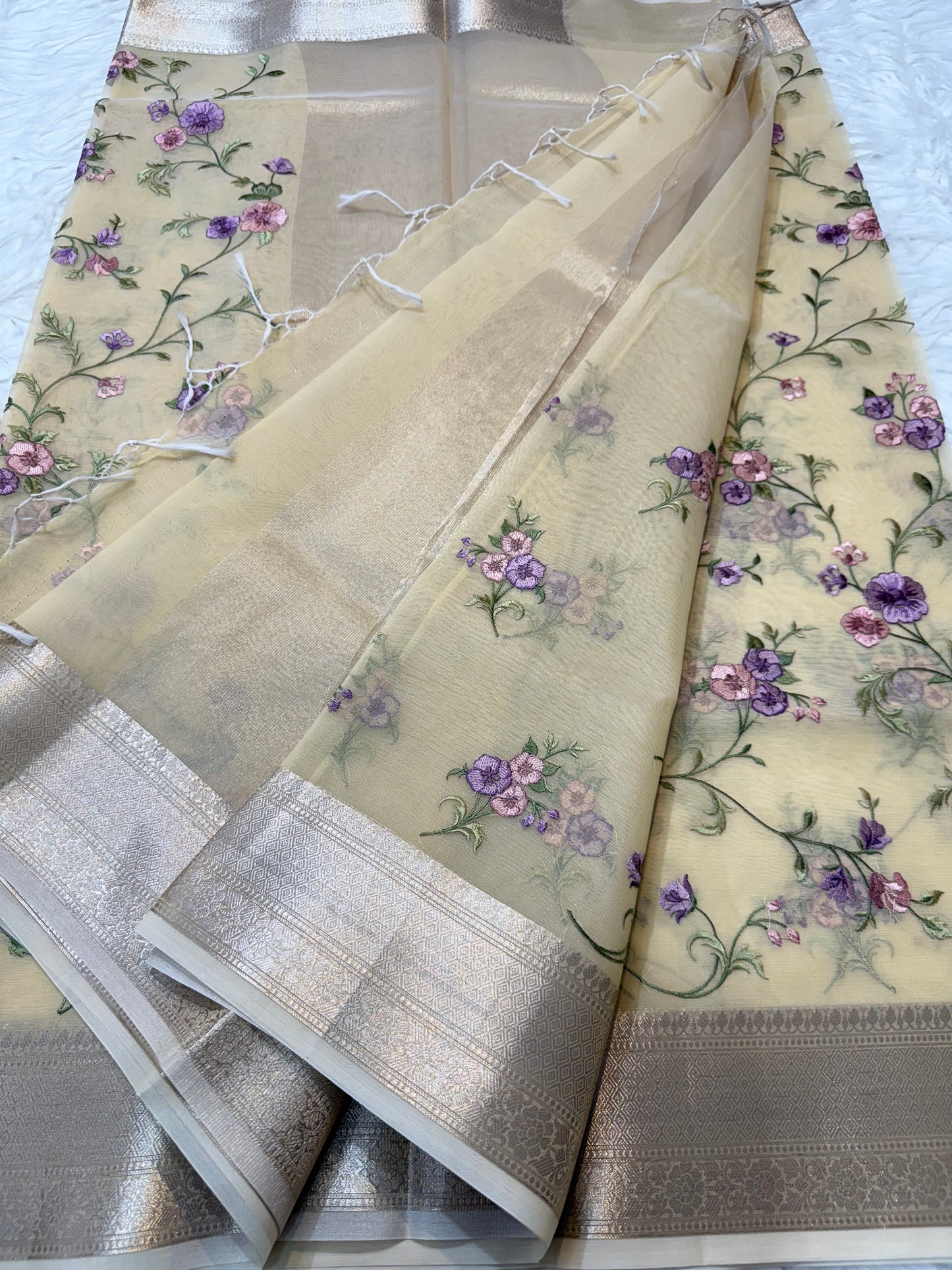 Beige shade organza embroidery Banarasi saree
