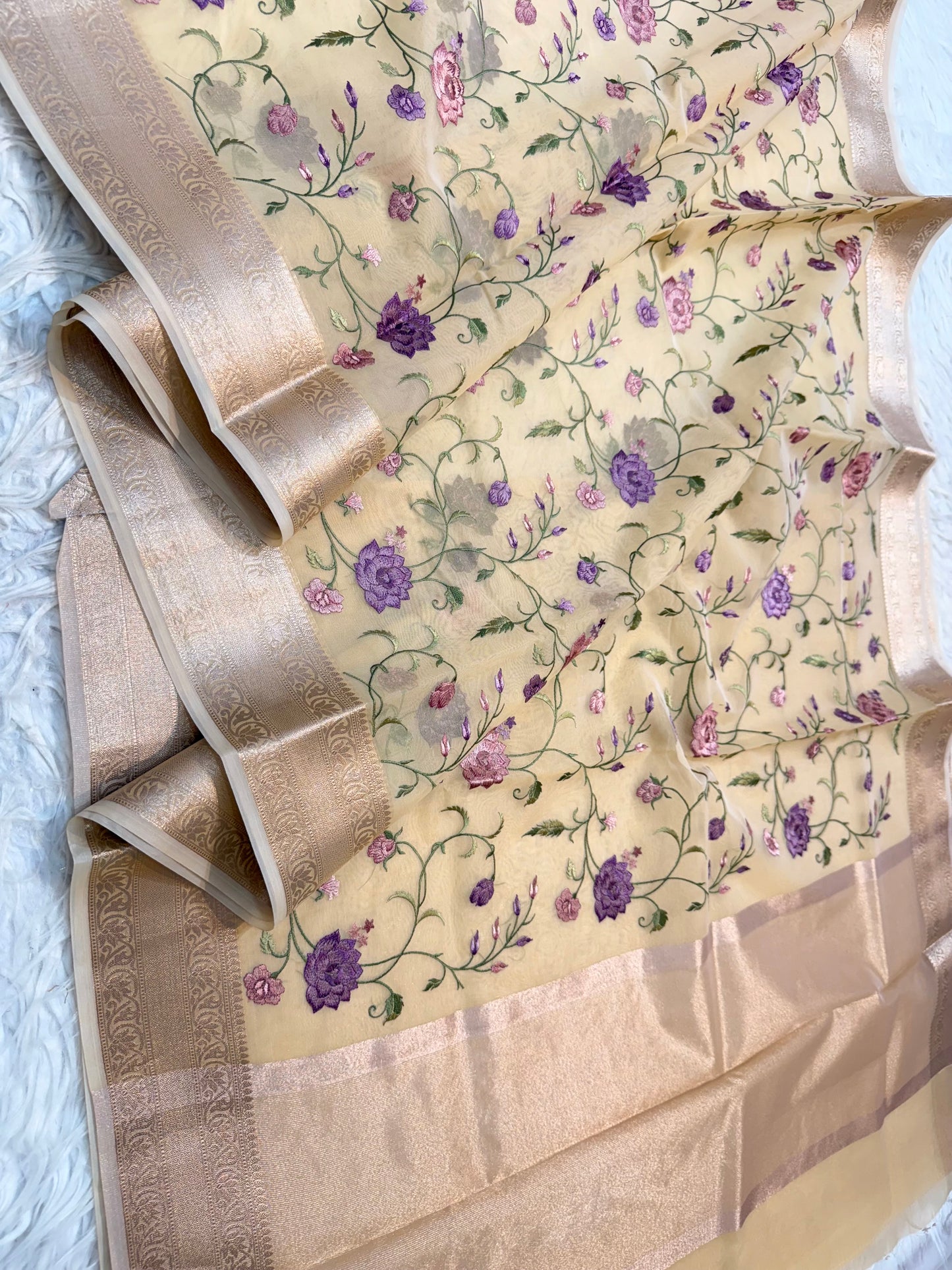 Beige shade organza embroidery Banarasi saree