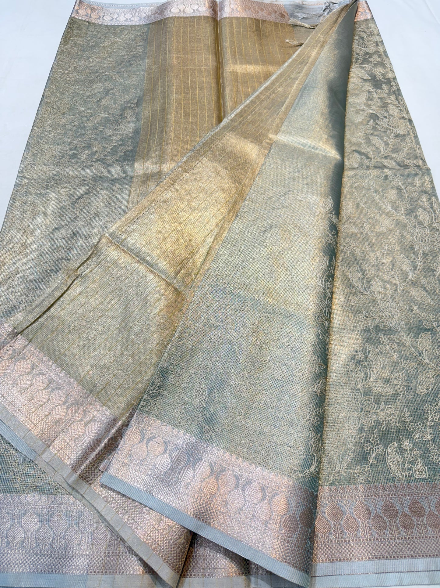Sea green shade tissue kota embroidery primum Banarasi saree