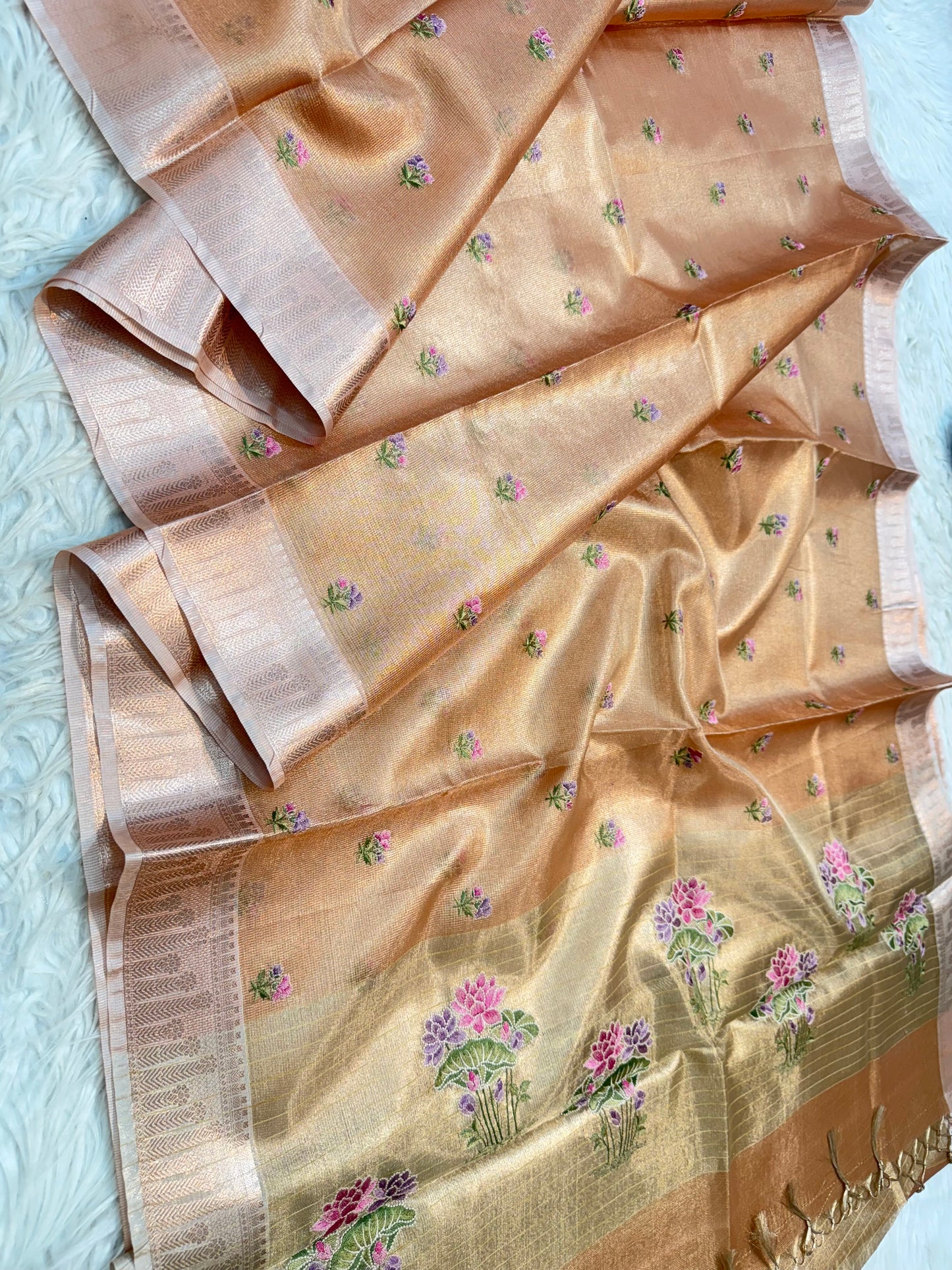 Pink shade tissue kota embroidery primum Banarasi saree