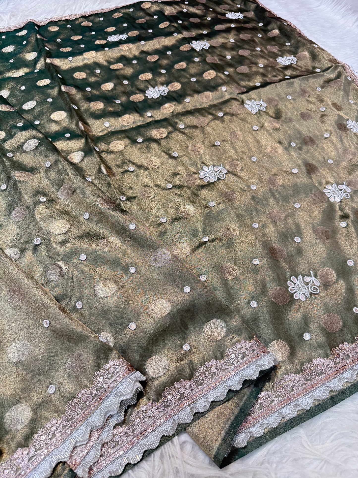 Bottle green shade tissue ari & zardosi work designer premium Banarasi saree
