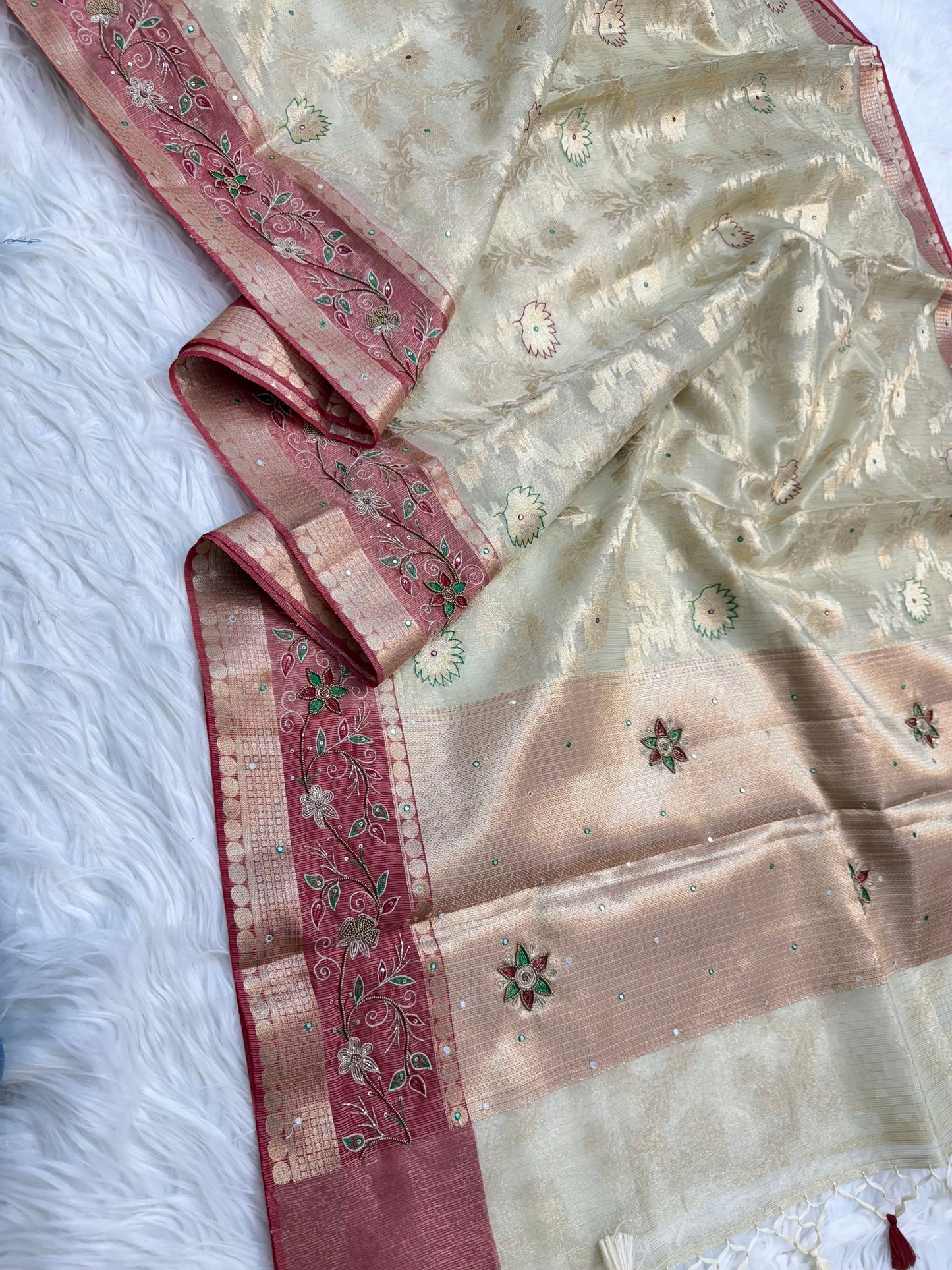 Beige red shade tissue kota zardosi work premium Banarasi saree