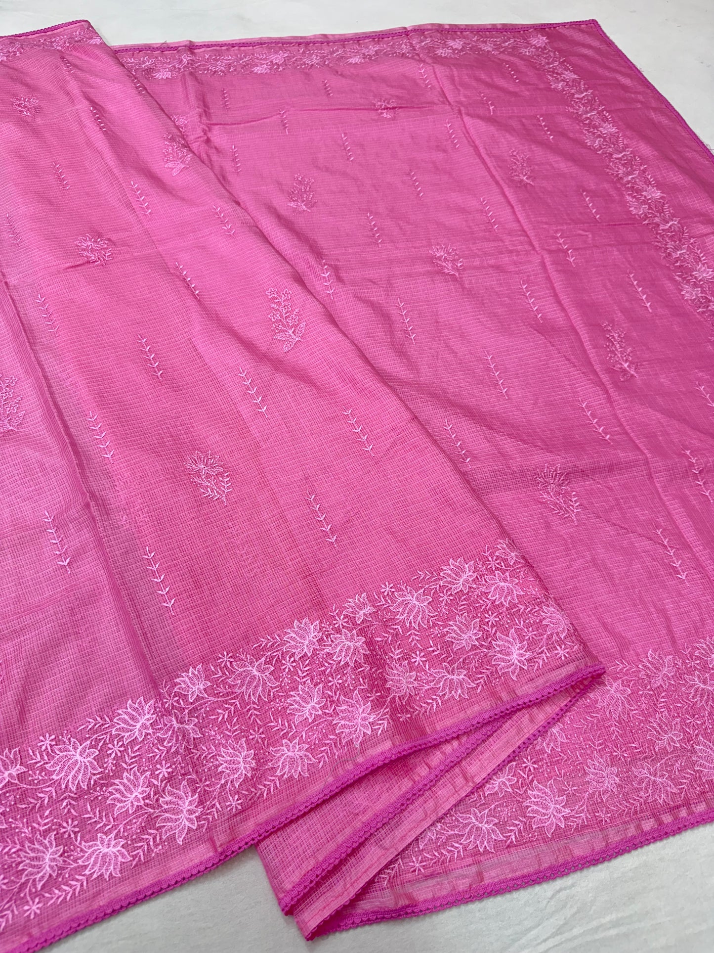 Pink shade cotton kota chickenkari embroidery Banarasi saree