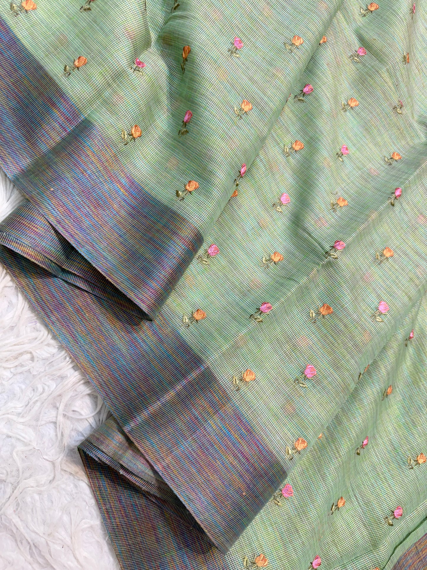 Pista green shade linen embroidery Banarasi saree
