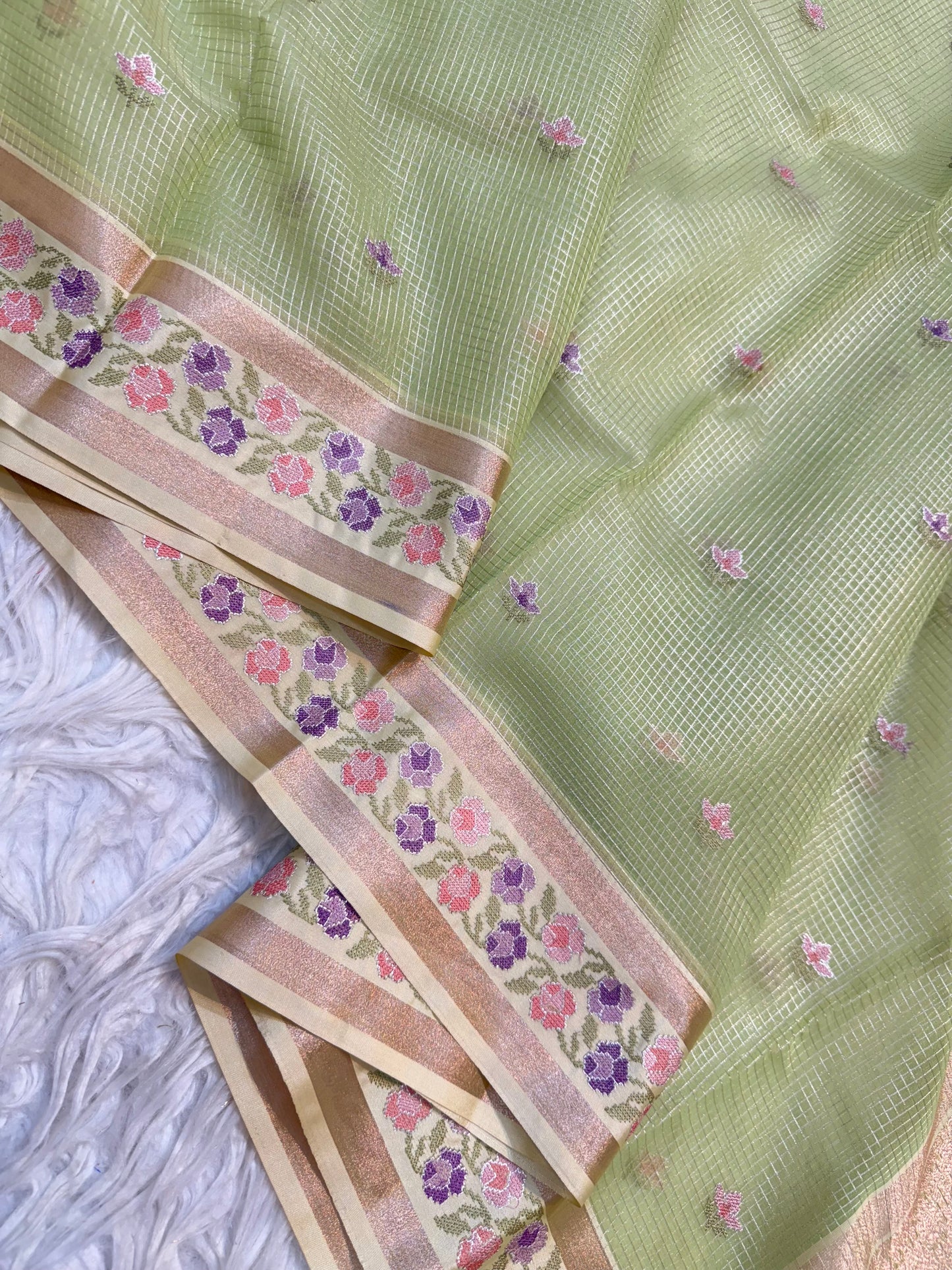 Pista green shade kora organza embroidery Banarasi saree