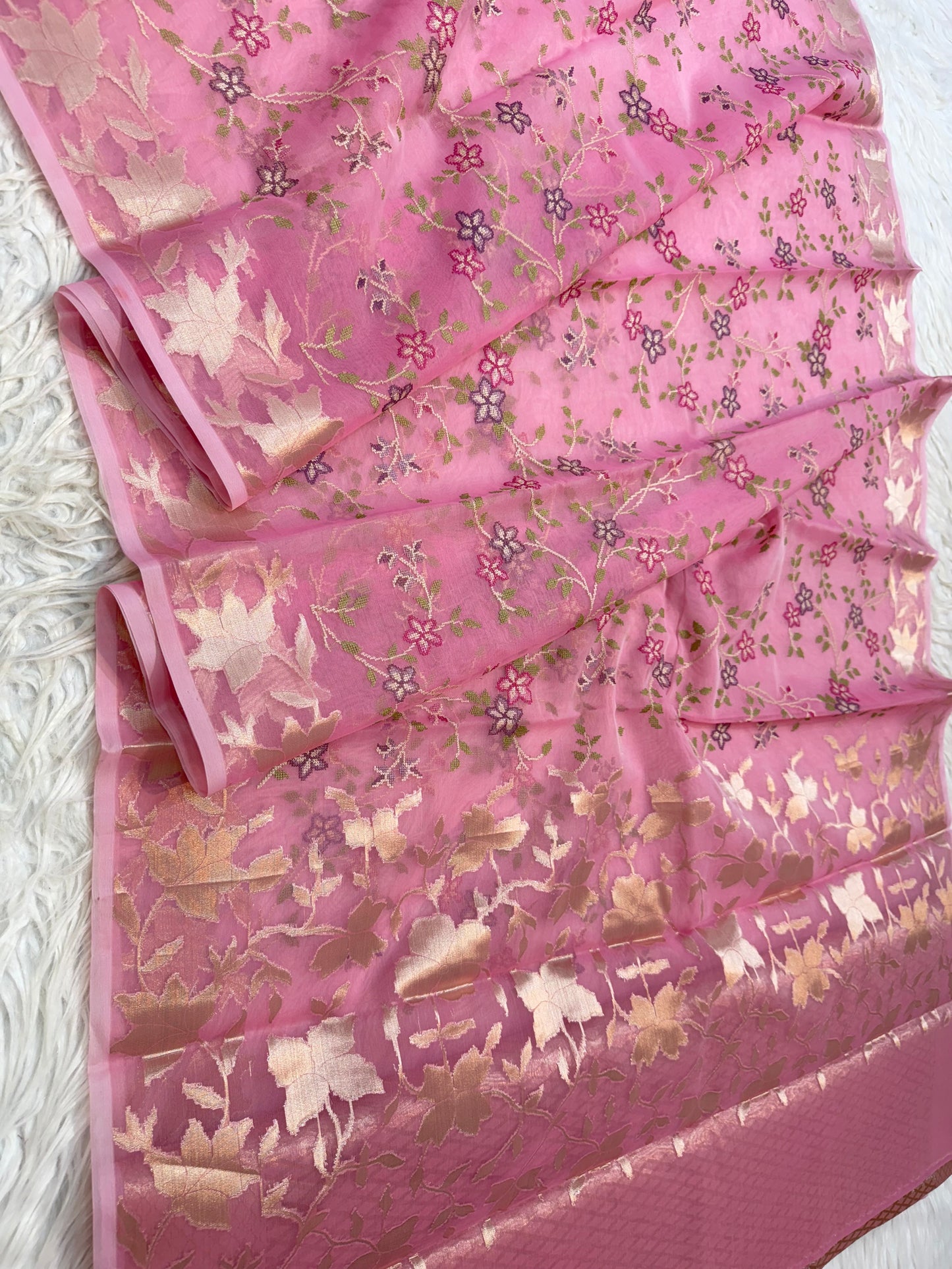Peach shade kora organza embroidery banarasi saree