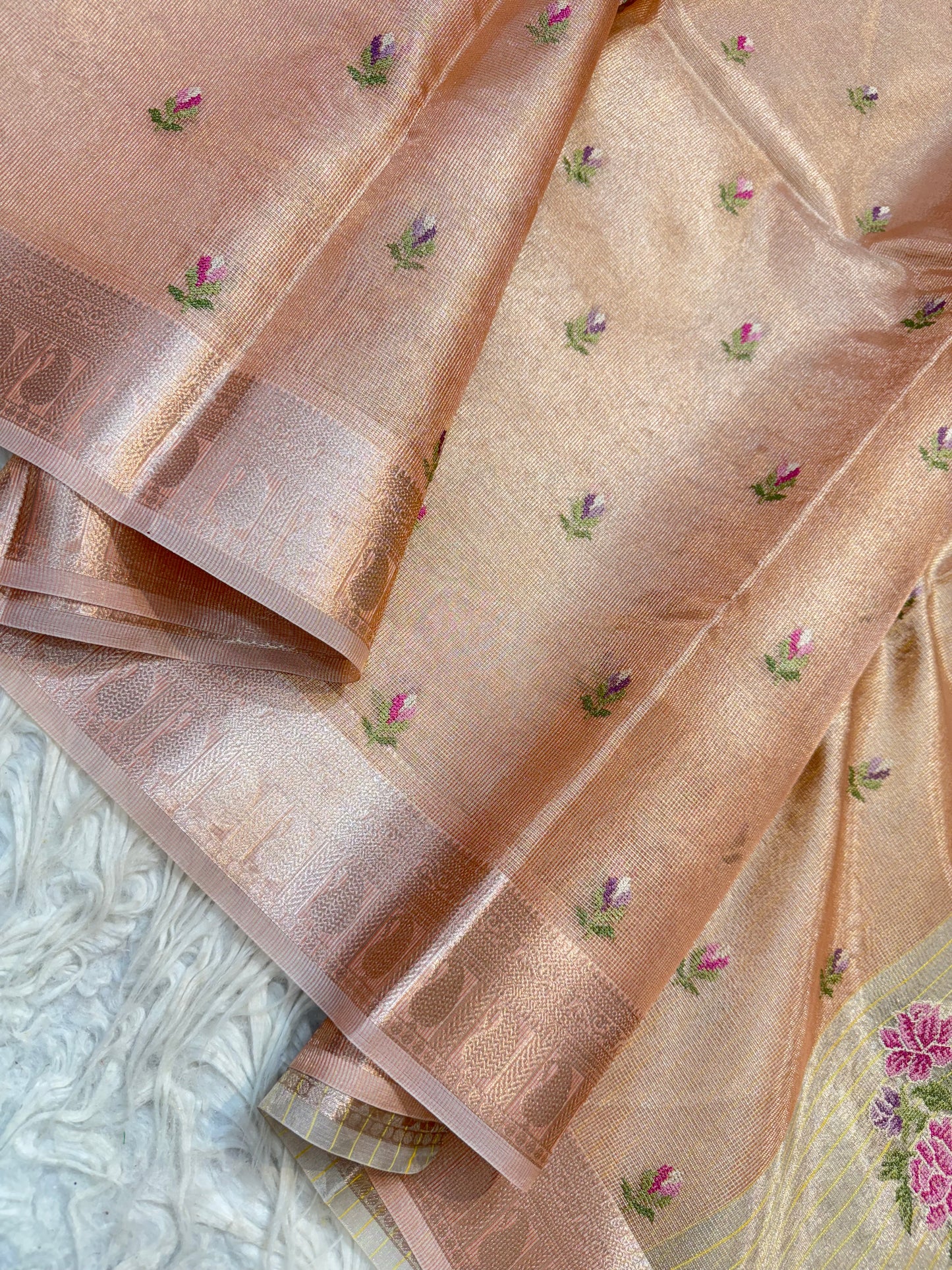 Pink shade tissue kota embroidery primum Banarasi saree