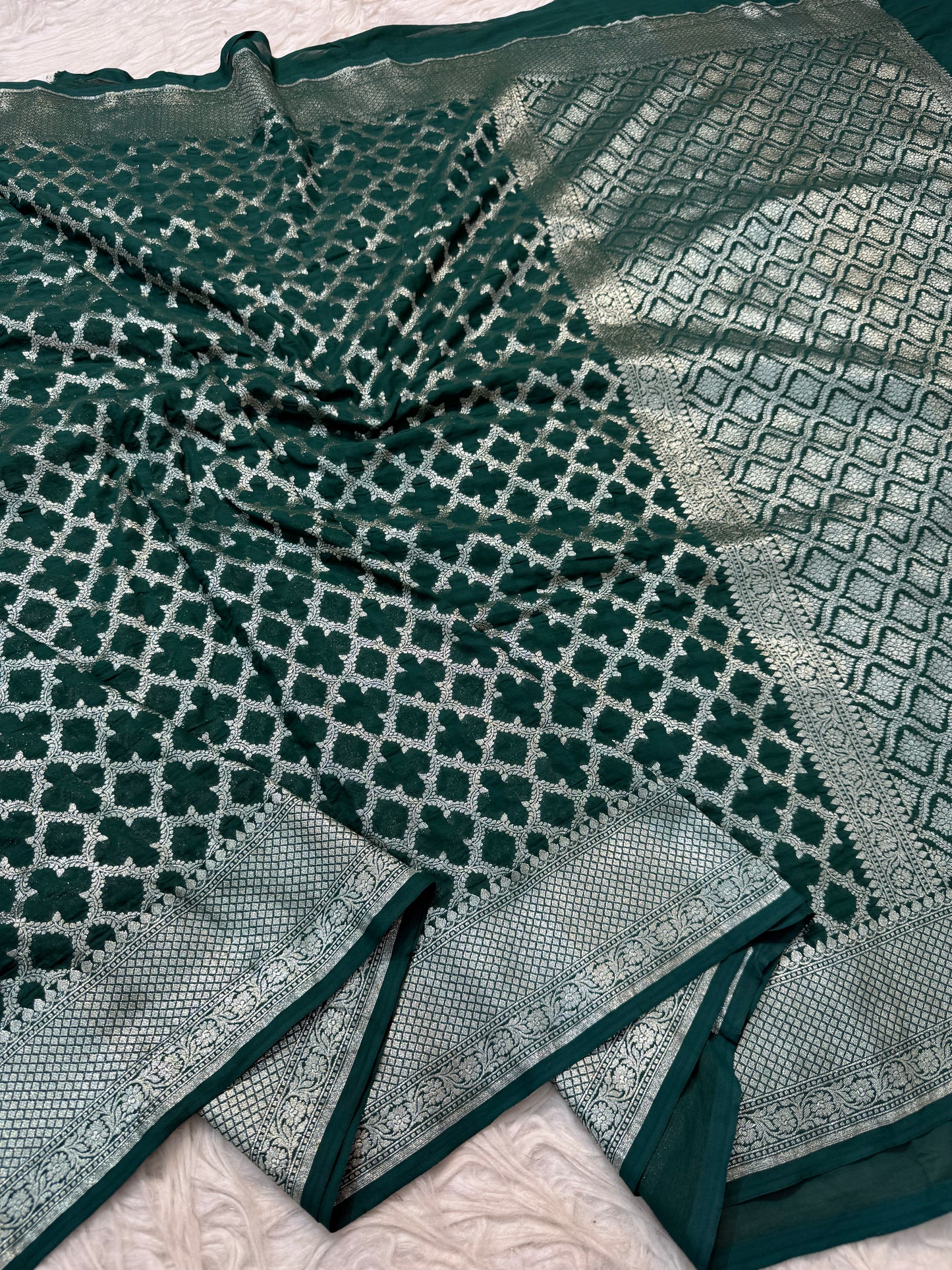 Bottle green shade khaddi georgatte premium Banarasi saree