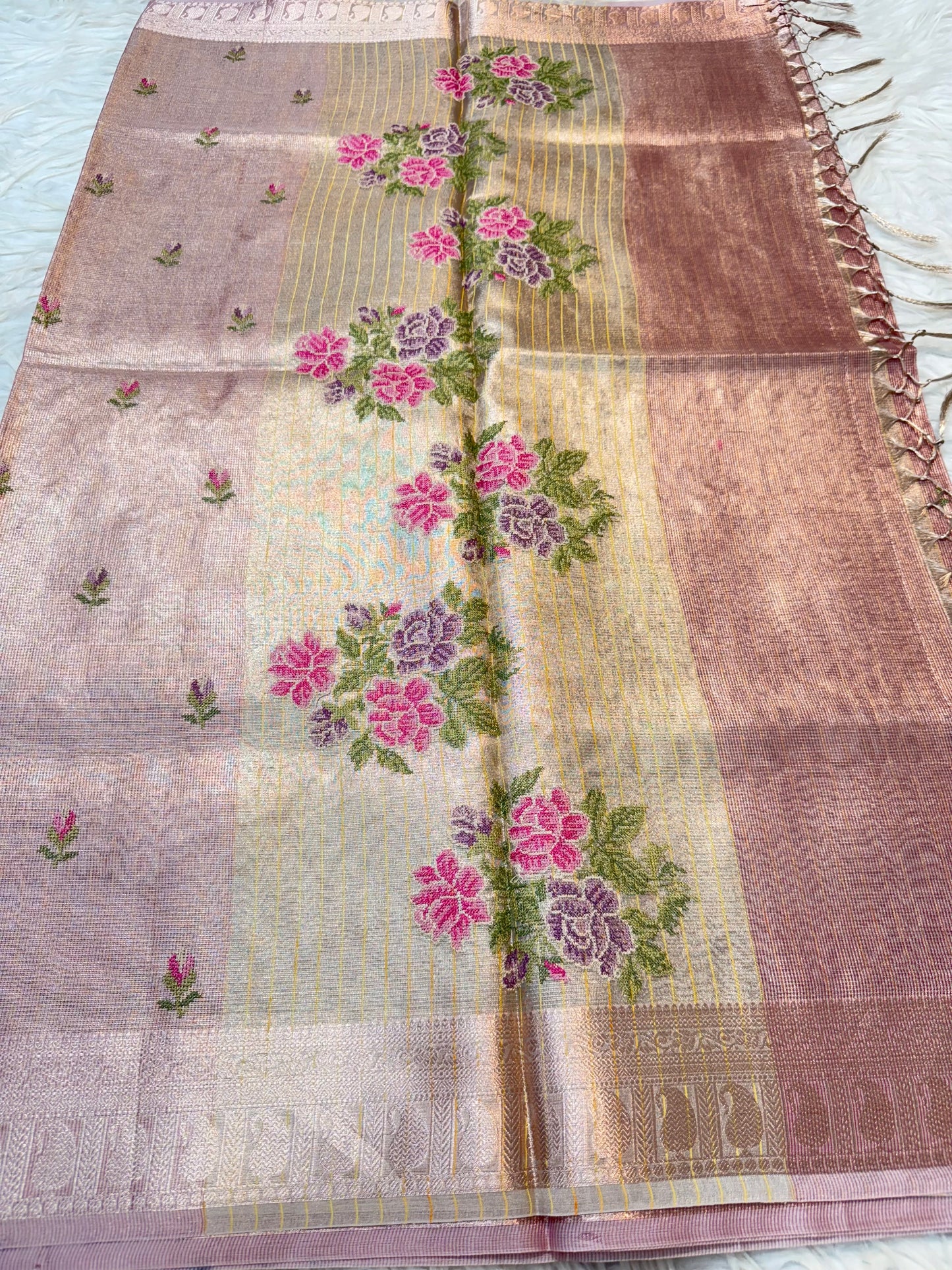 Peach shade tissue kota embroidery primum Banarasi saree