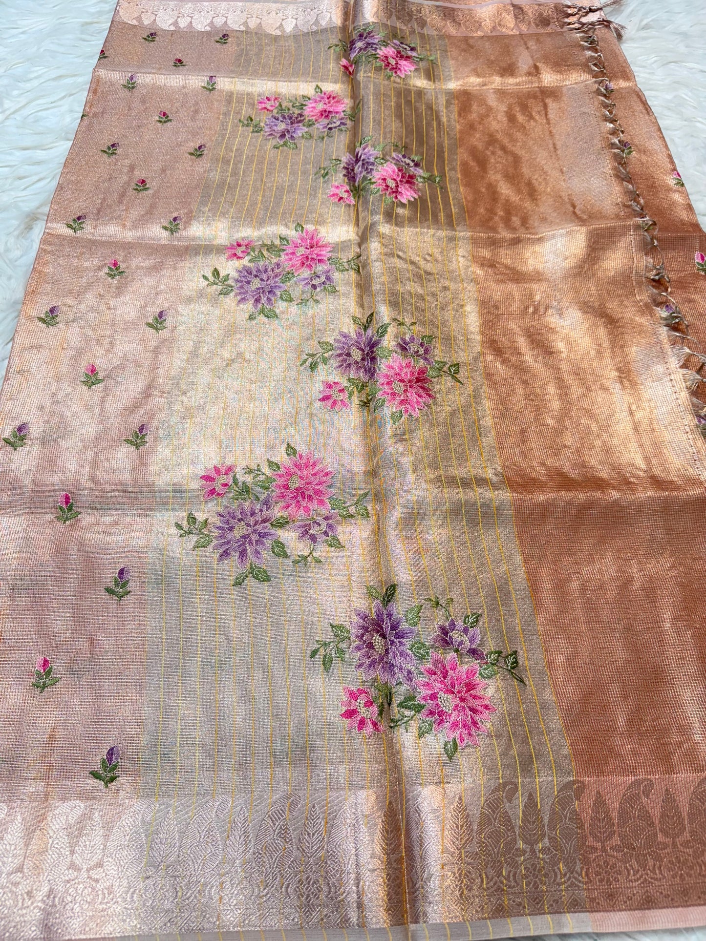 Pink shade tissue kota embroidery primum Banarasi saree