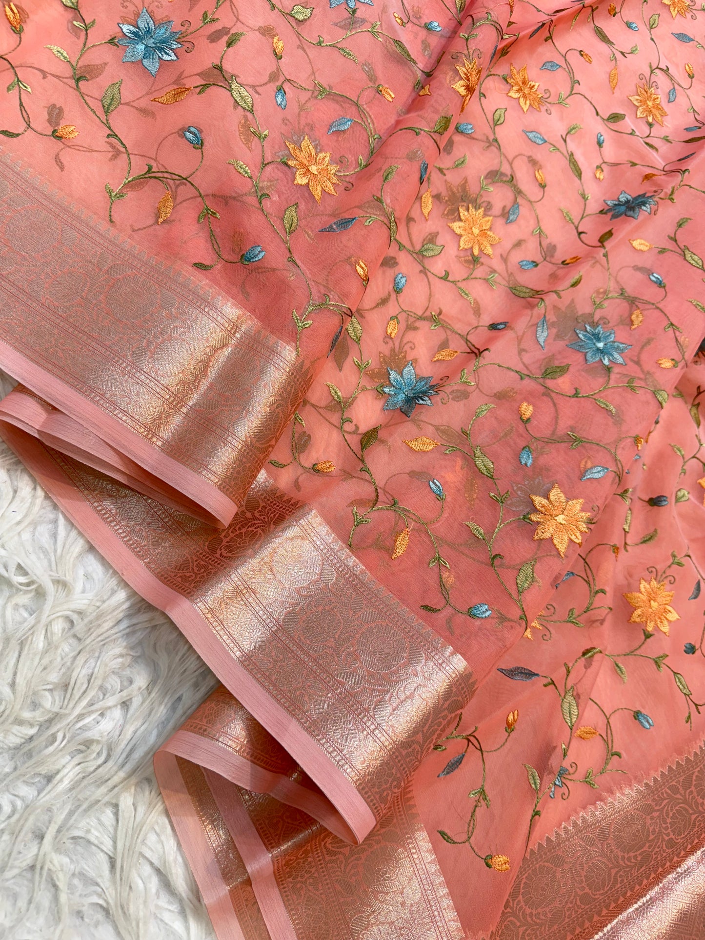 Peach shade kora organza embroidery Banarasi saree
