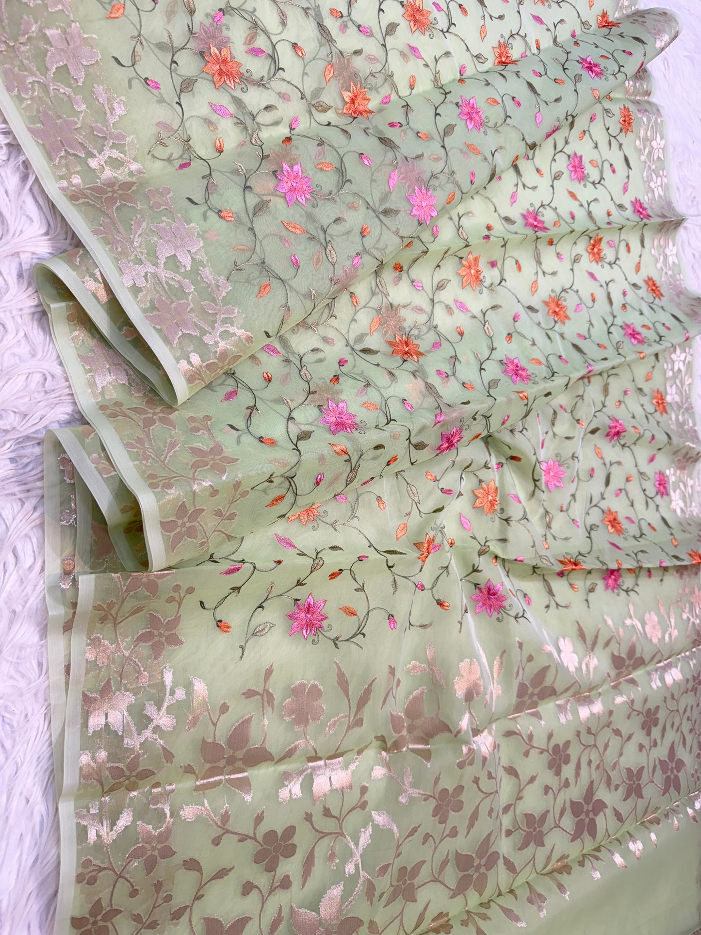 Pista green shade kora organza embroidery Banarasi saree