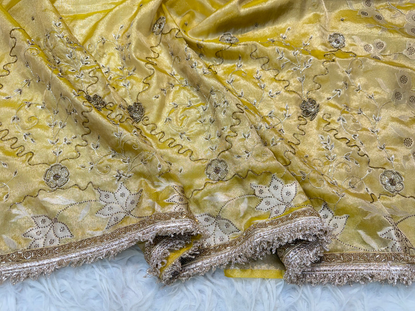 Yellow shade tissue ari & zardosi work designer premium Banarasi saree