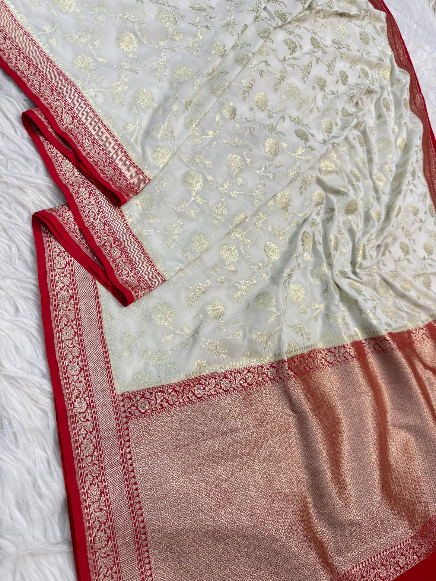 Off white red shade khaddi georgatte premium Banarasi saree