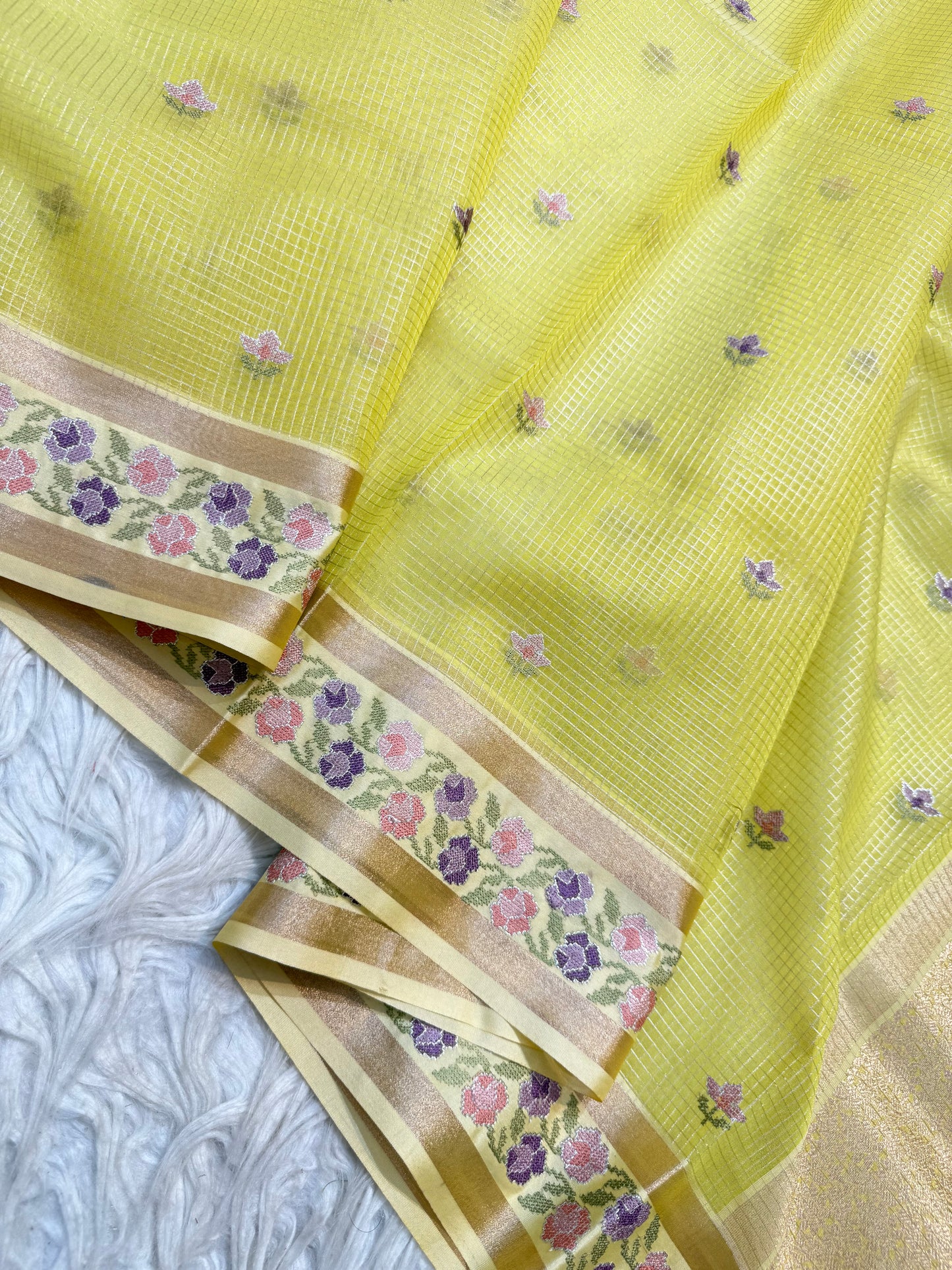 Mustard shade kora organza embroidery Banarasi saree