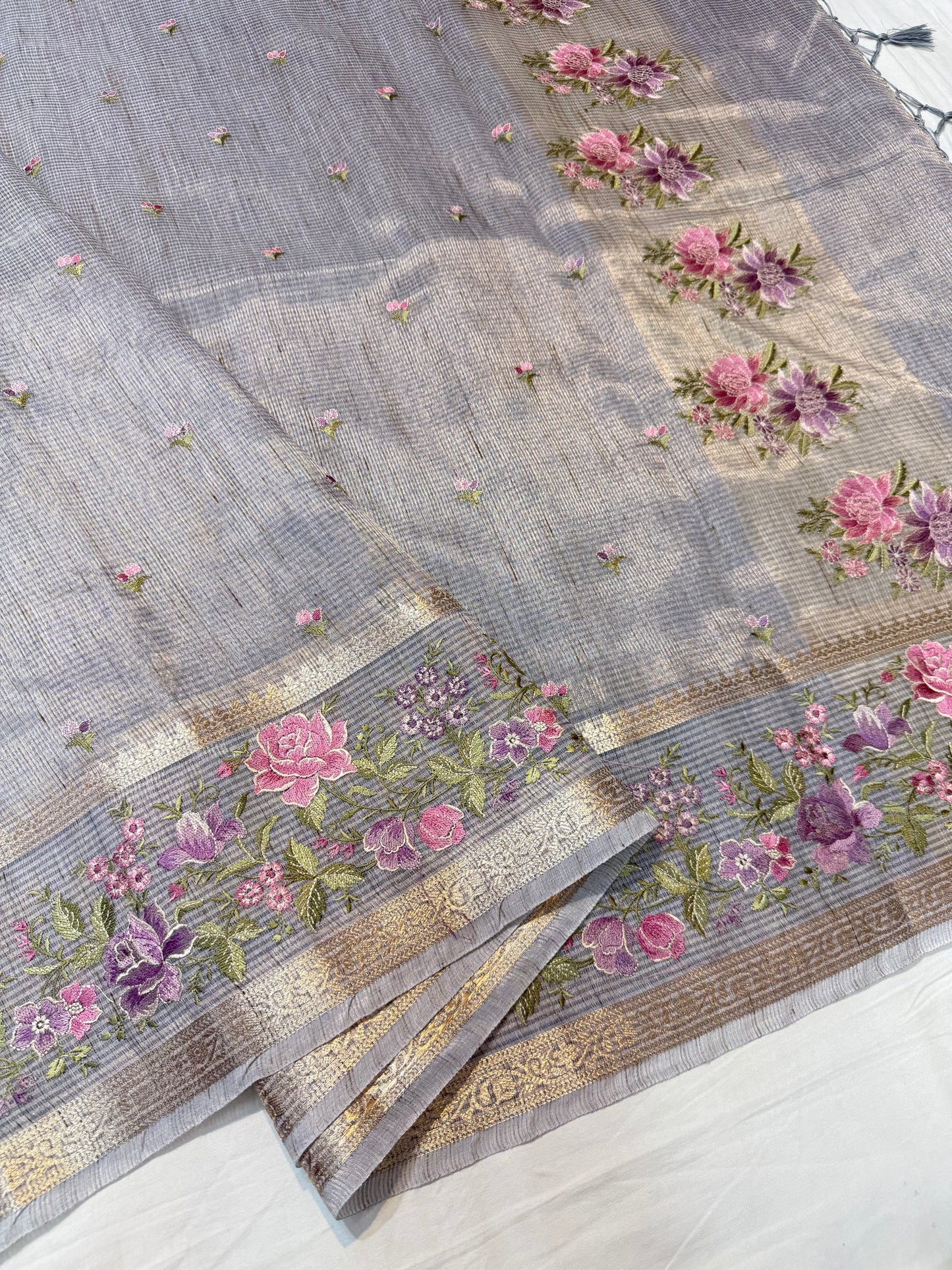 Silver shade tissue linen designer embroidery Banarasi saree