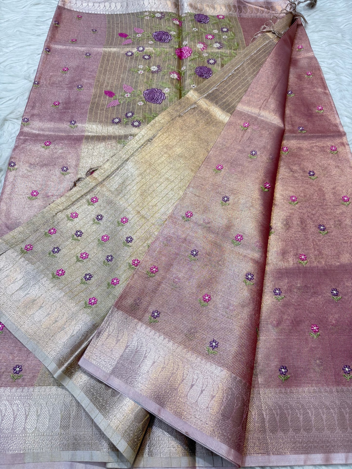 Peach shade tissue kota embroidery primum Banarasi saree