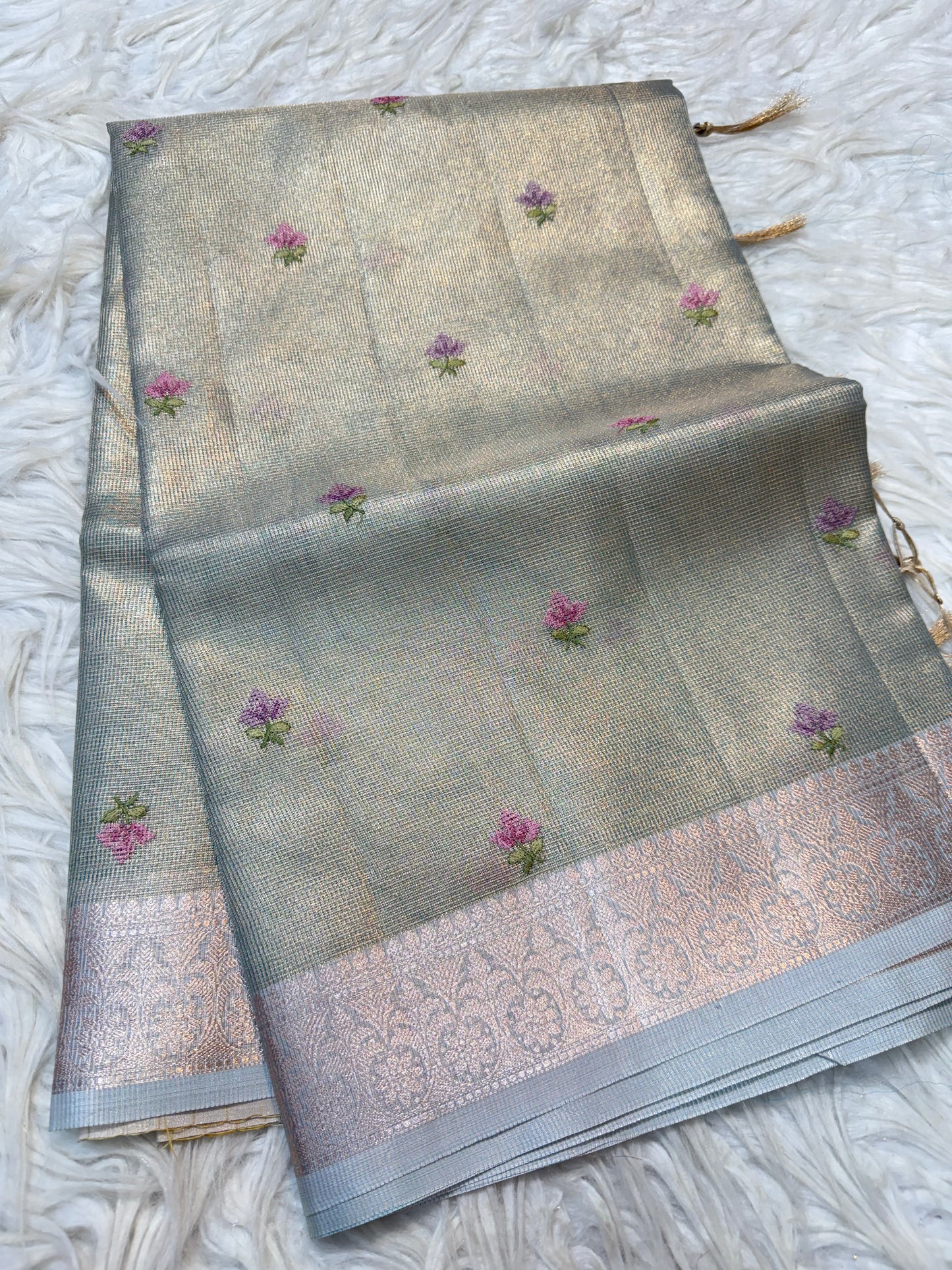 Sea green shade tissue kota embroidery primum Banarasi saree