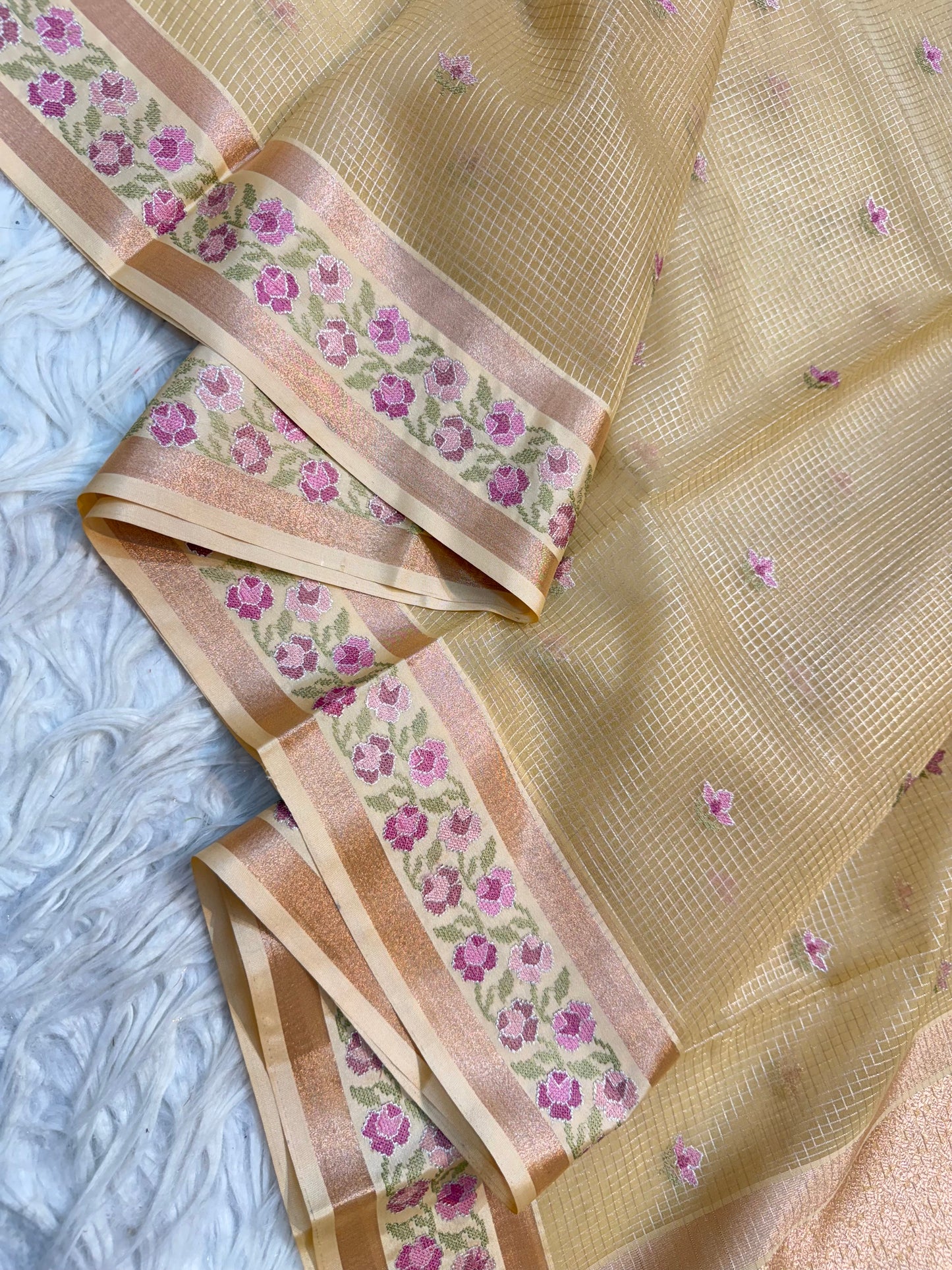 Beige shade kora organza embroidery Banarasi saree
