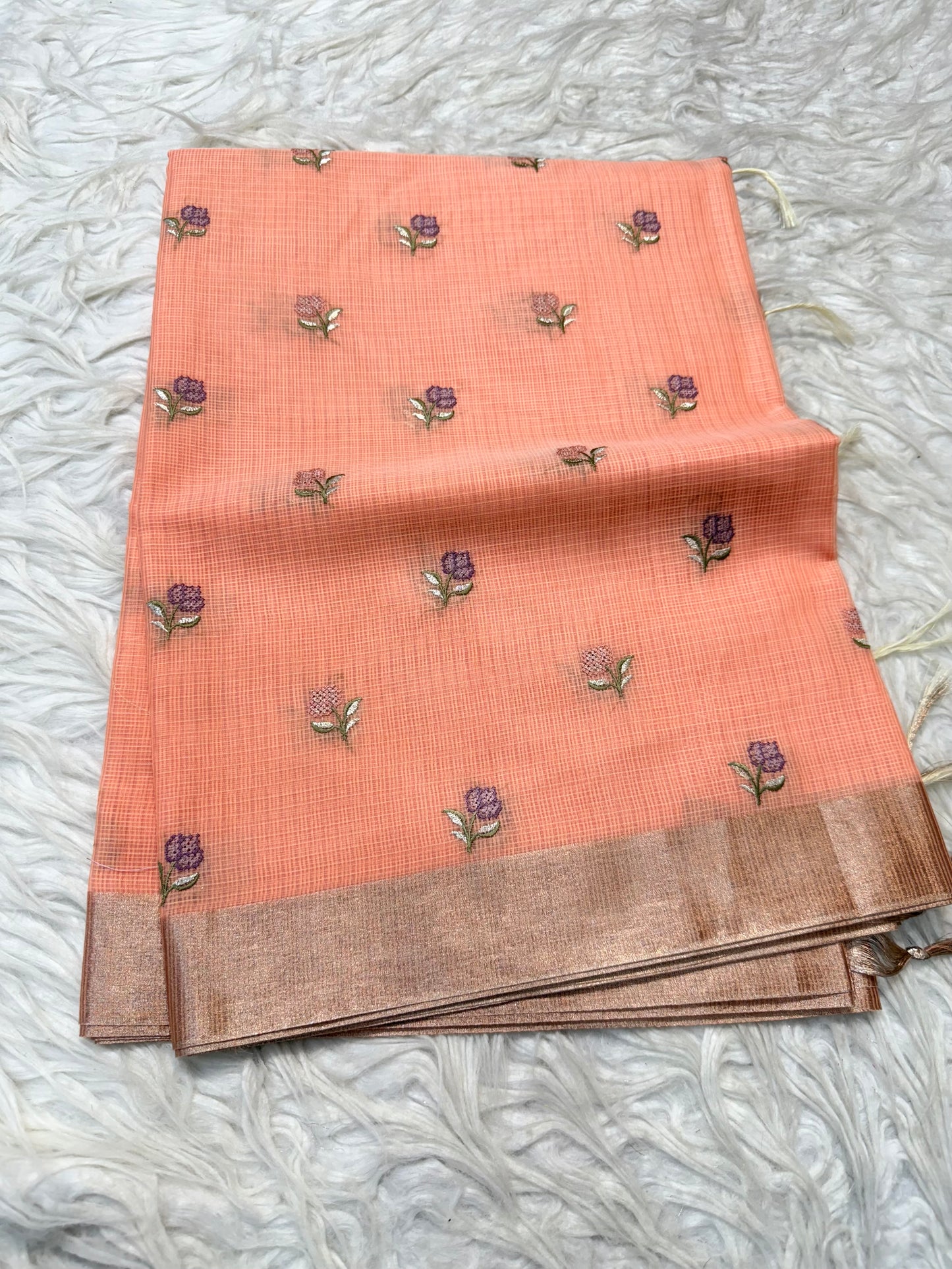 Peach shade cotton kota embroidery Banarasi saree