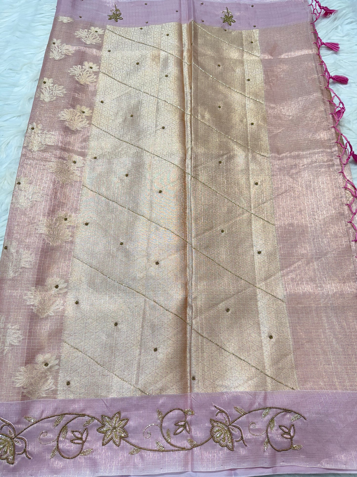 Pink shade tissue kota handwork premium Banarasi saree