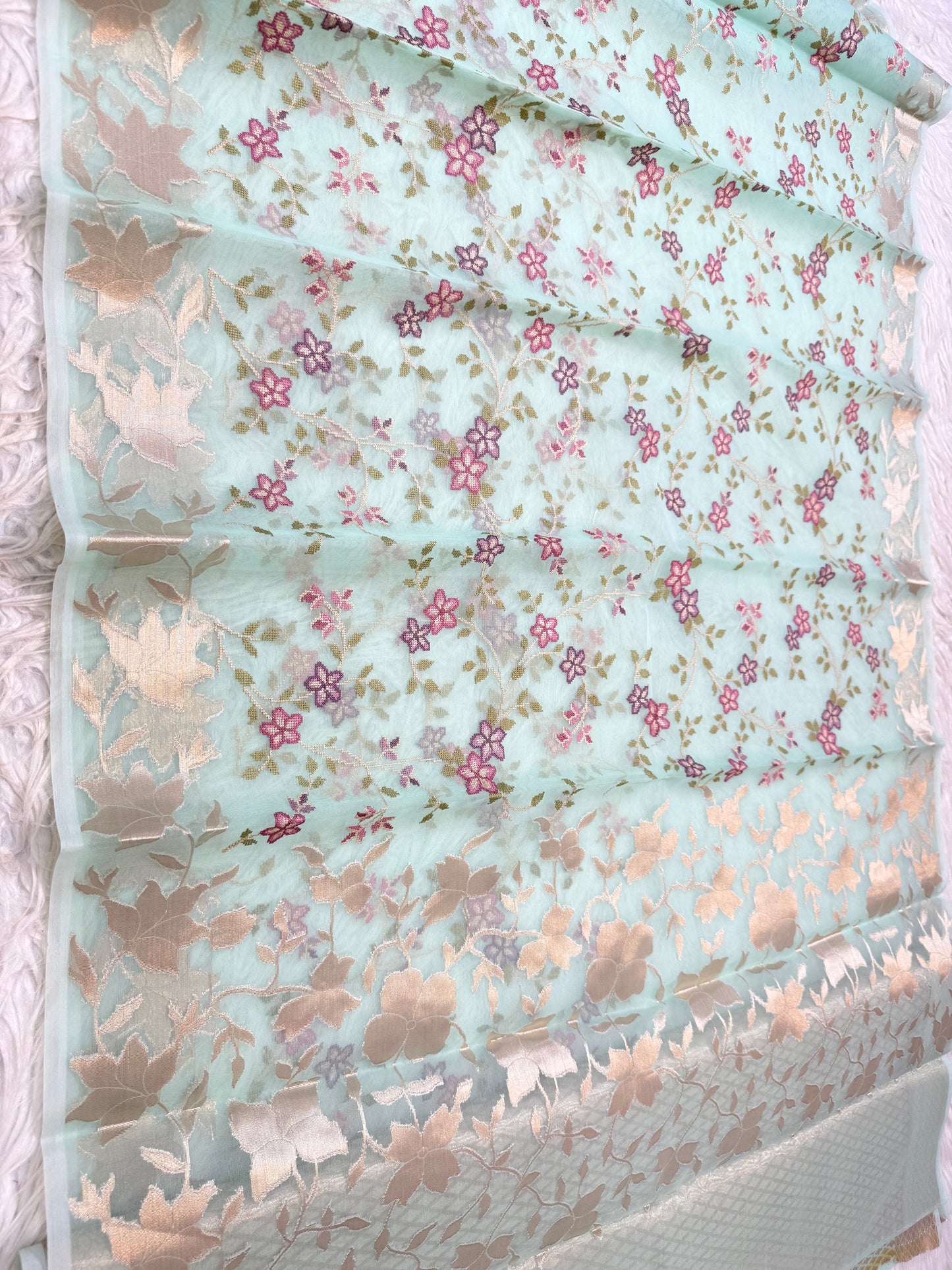 Turquoise shade kora organza embroidery saree