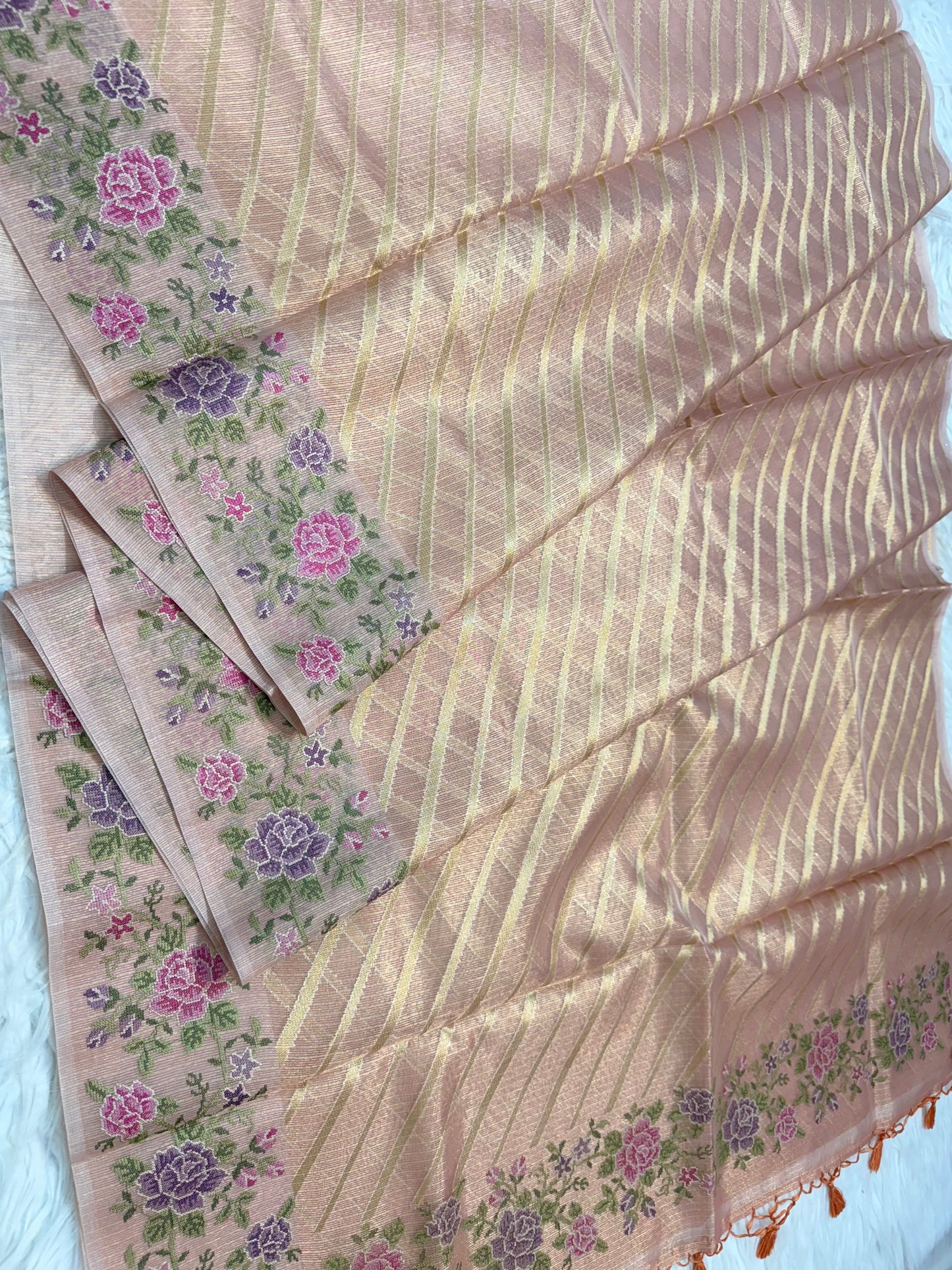 Peach shade tissue kota embroidery primum Banarasi saree