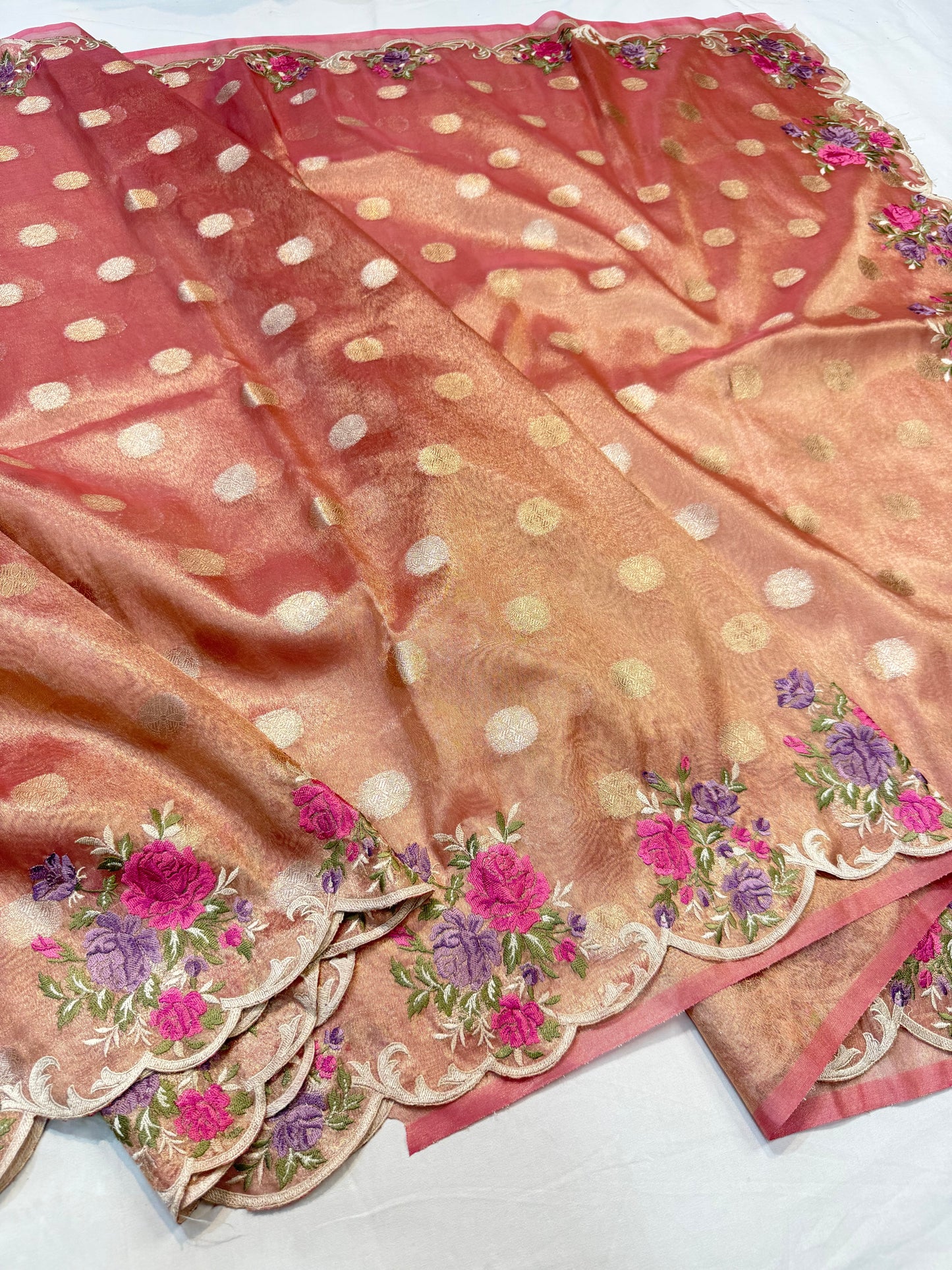 Pink tissue cutwork embroidery premium designer Banarasi saree