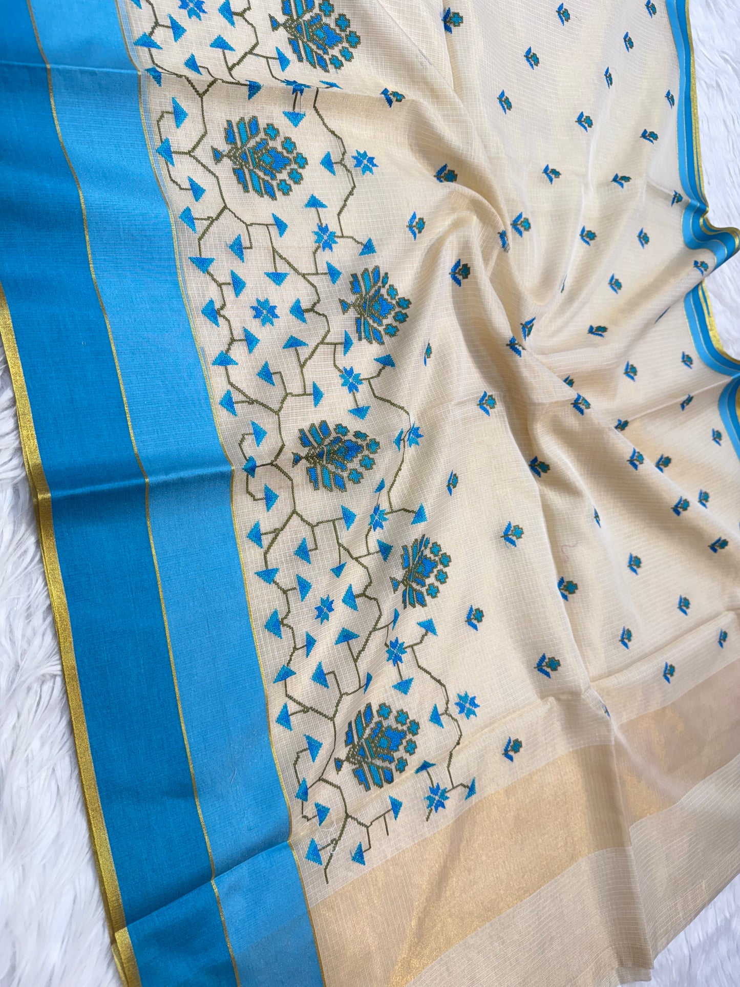 Off white powder blue shade tissue kota embroidery Banarasi saree