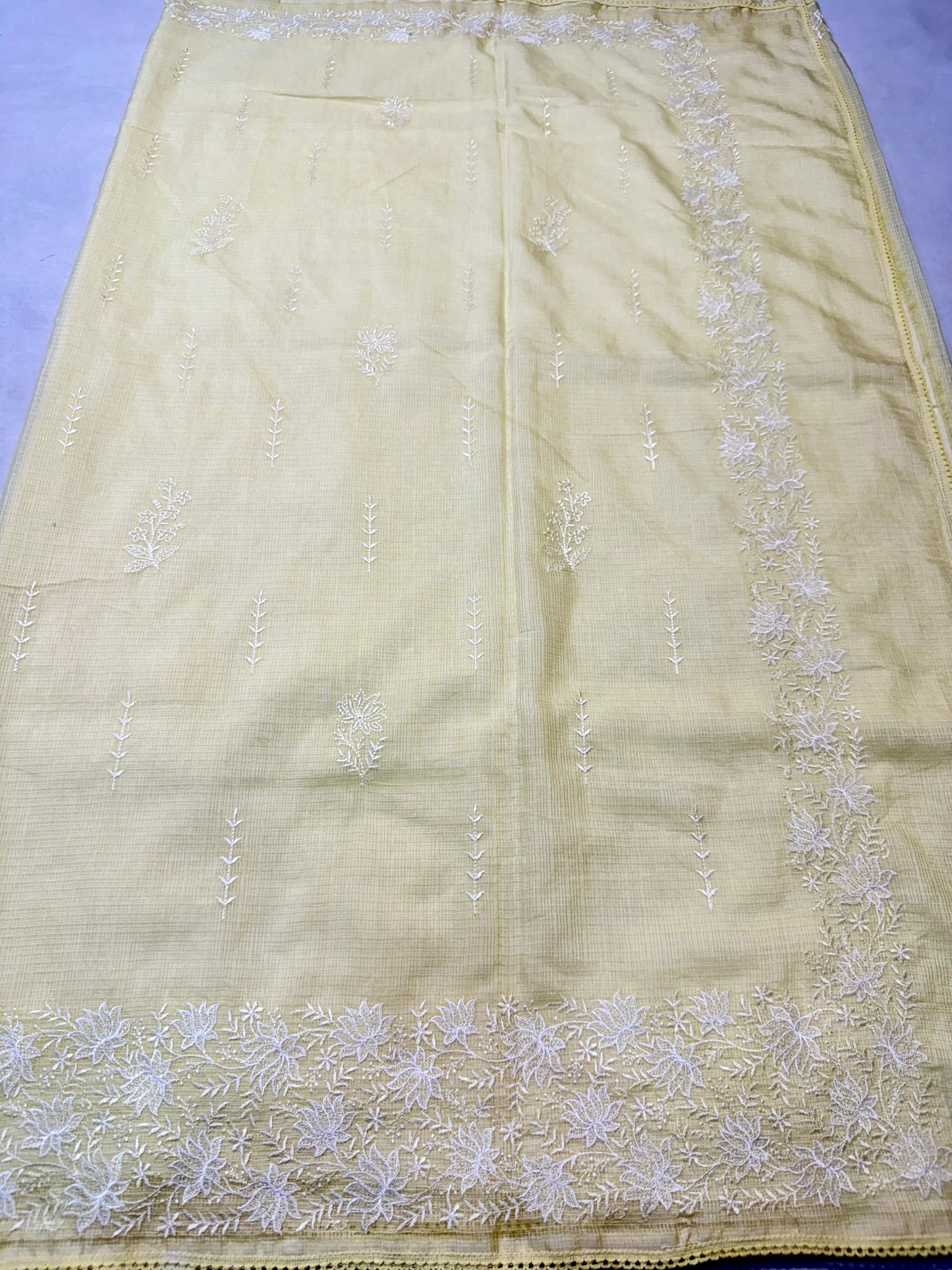 Safety yellow shade cotton kota chickenkari embroidery Banarasi saree