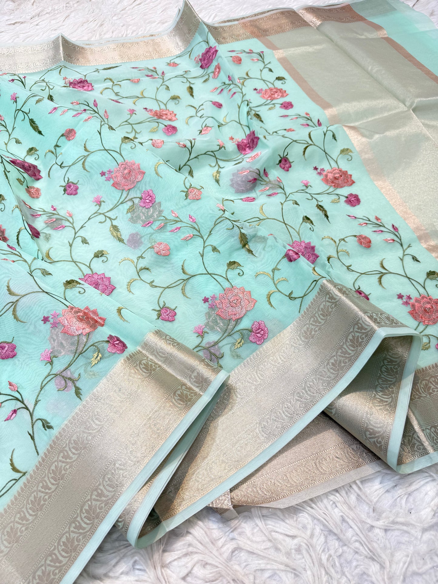 Turquoise shade organza embroidery Banarasi saree