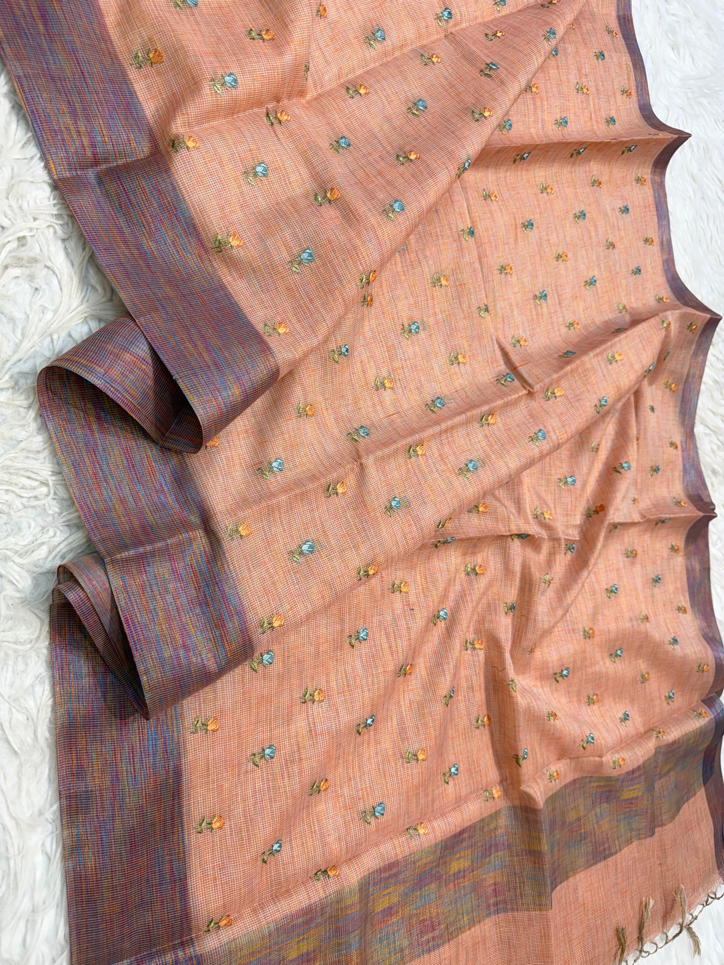 Dusty pink shade linen embroidery Banarasi saree