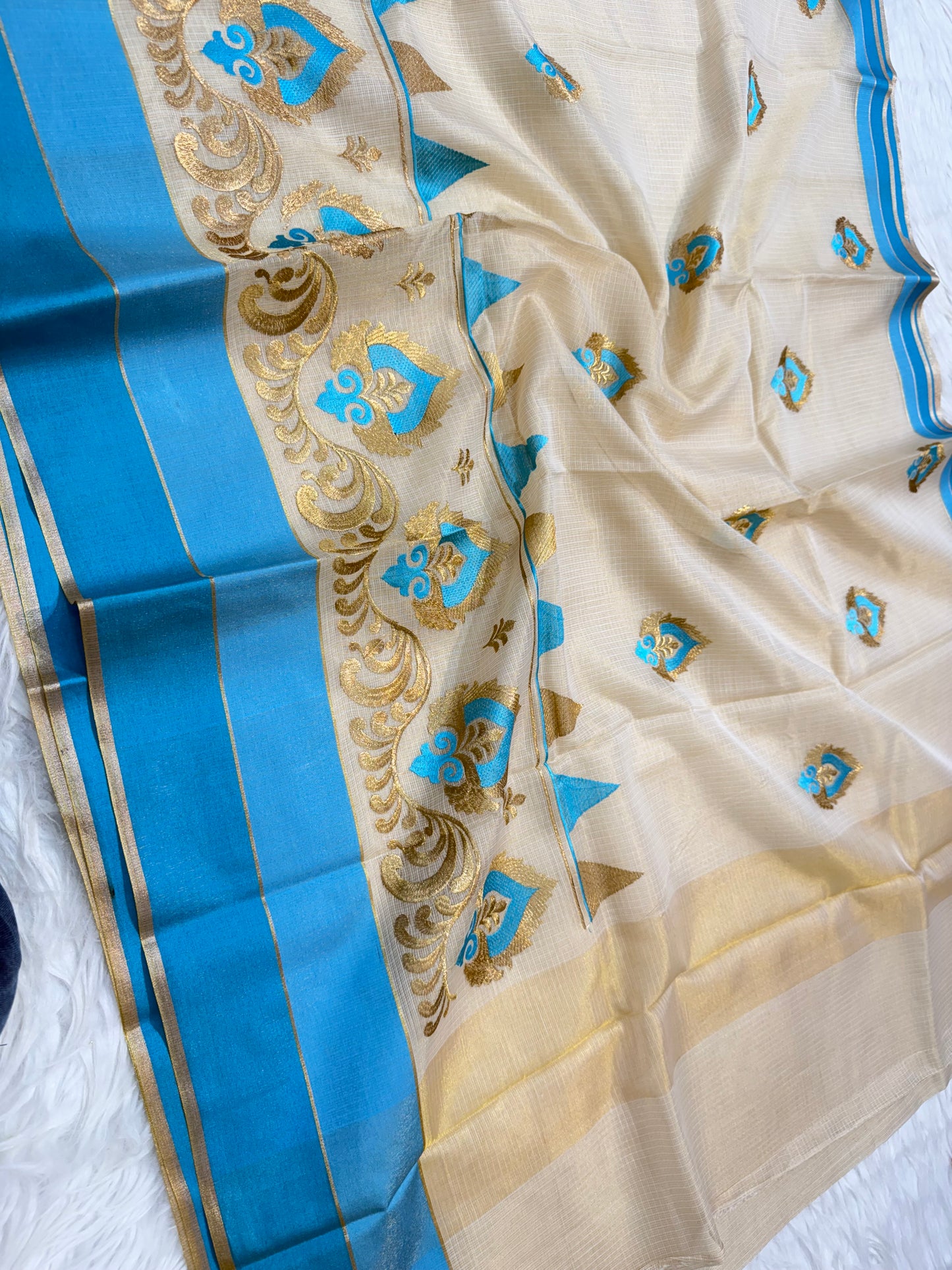 Off White powder blue shade tissue kota embroidery Banarasi saree