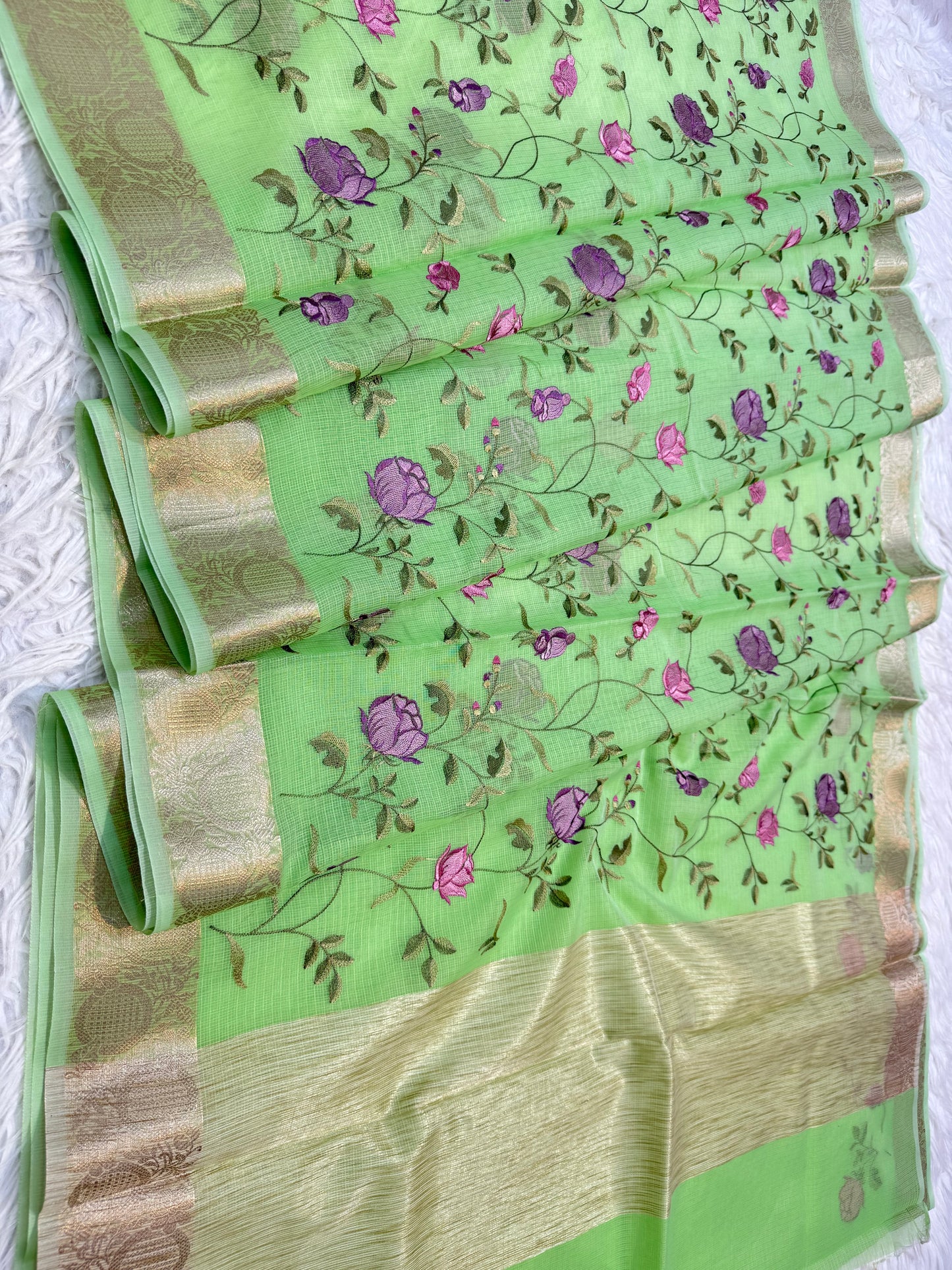 Pista green shade cotton kota embroidery Banarasi saree