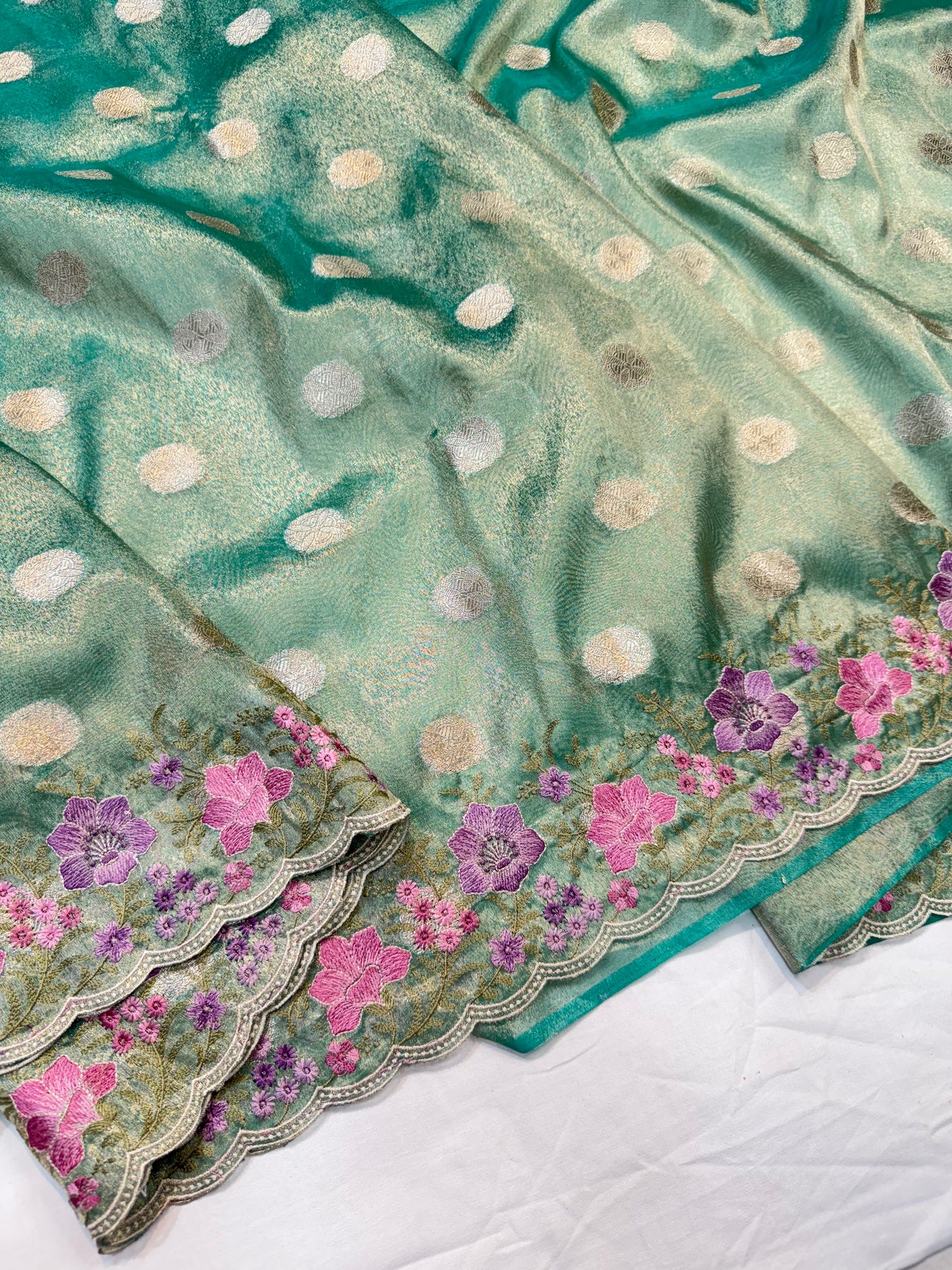 Sea green tissue cutwork embroidery premium designer Banarasi saree
