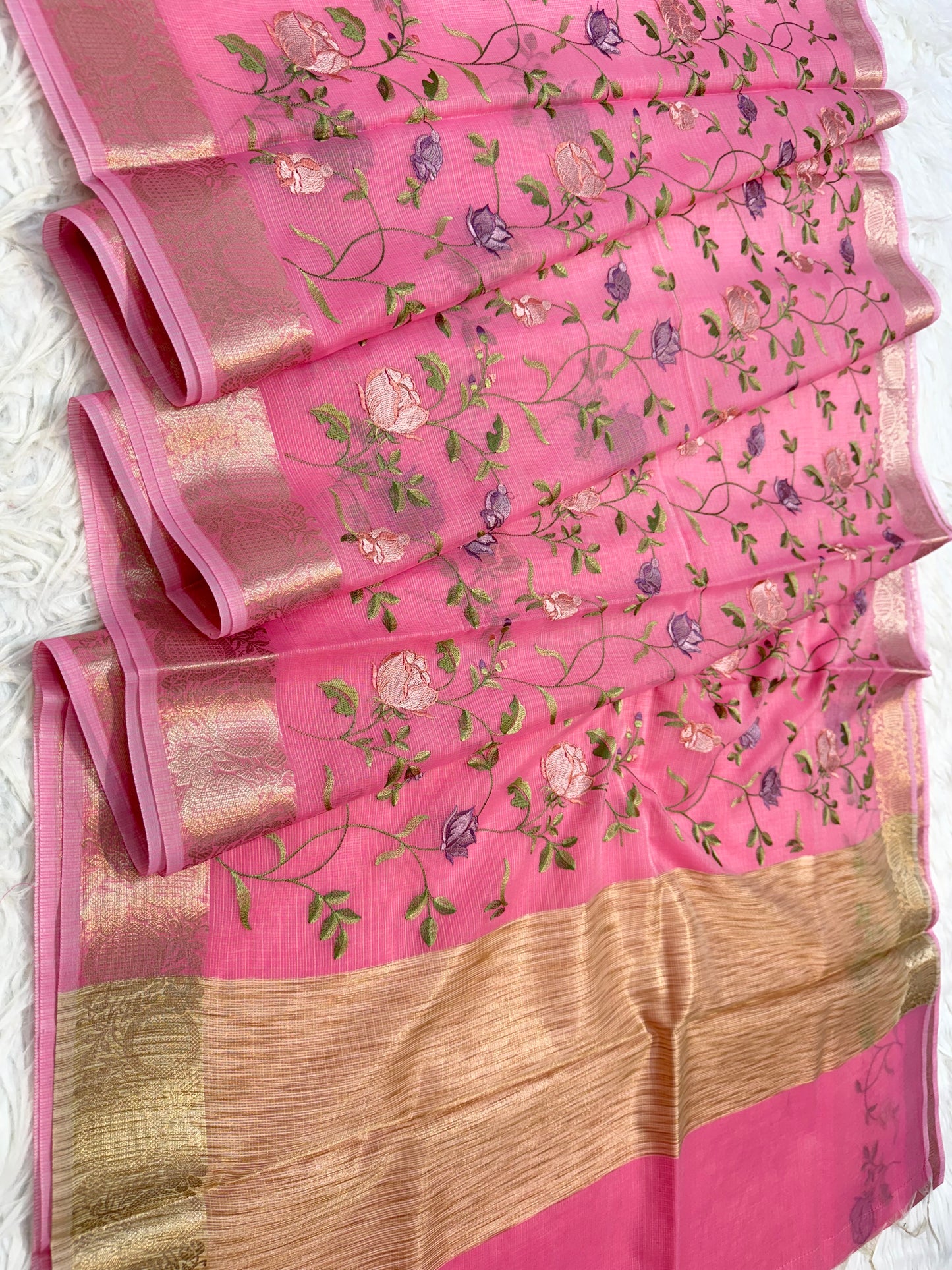 Pink shade cotton kota embroidery Banarasi saree