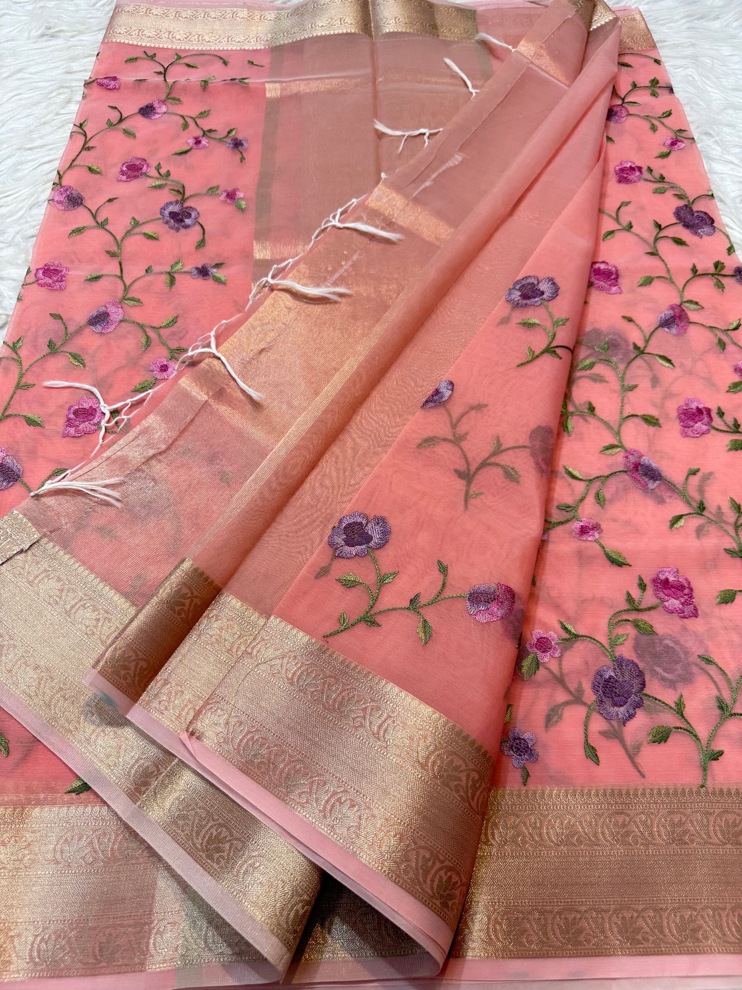 Peach shade organza embroidery Banarasi saree