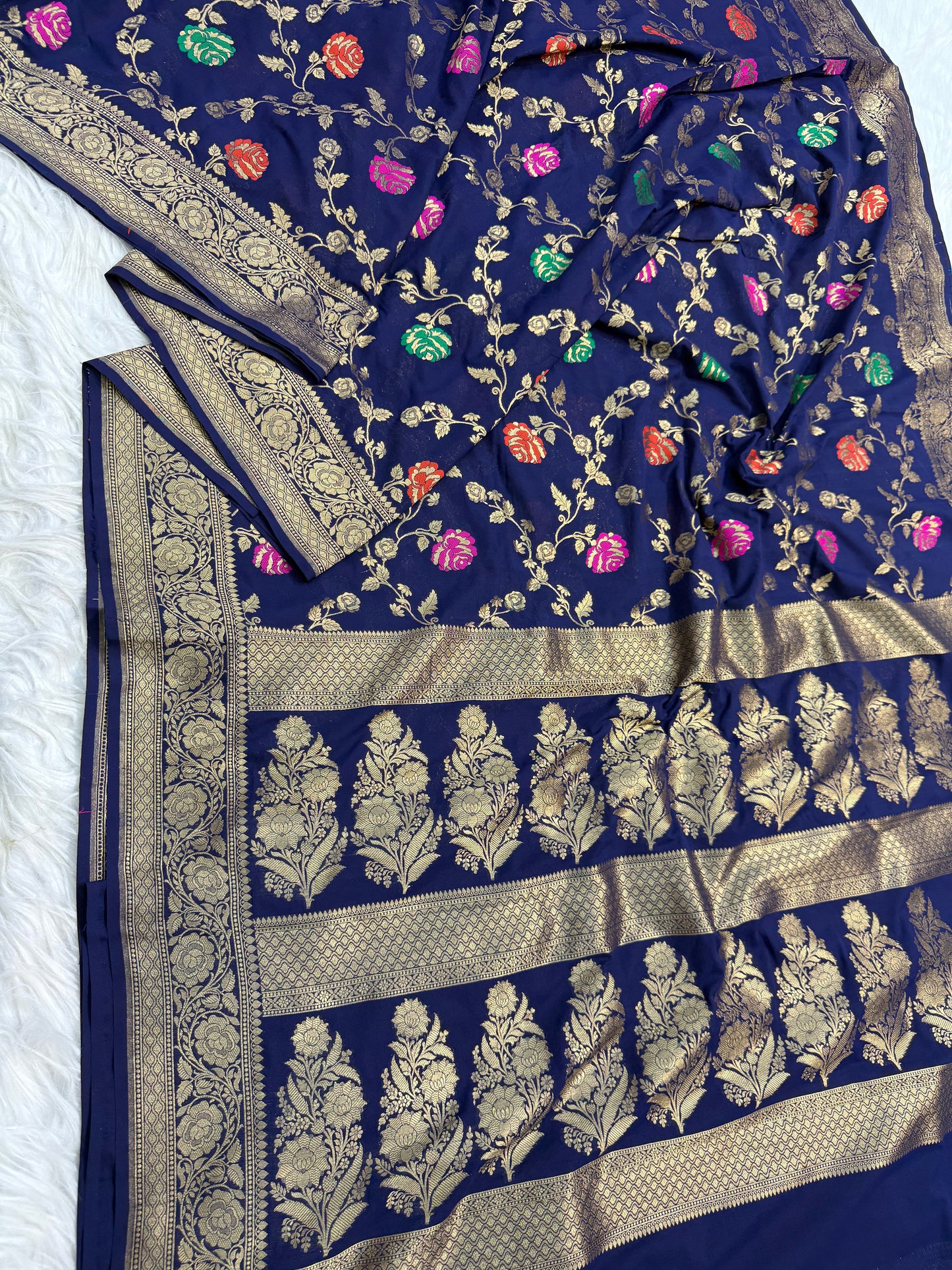 blue magenta shade khaddi georgatte premium Banarasi saree