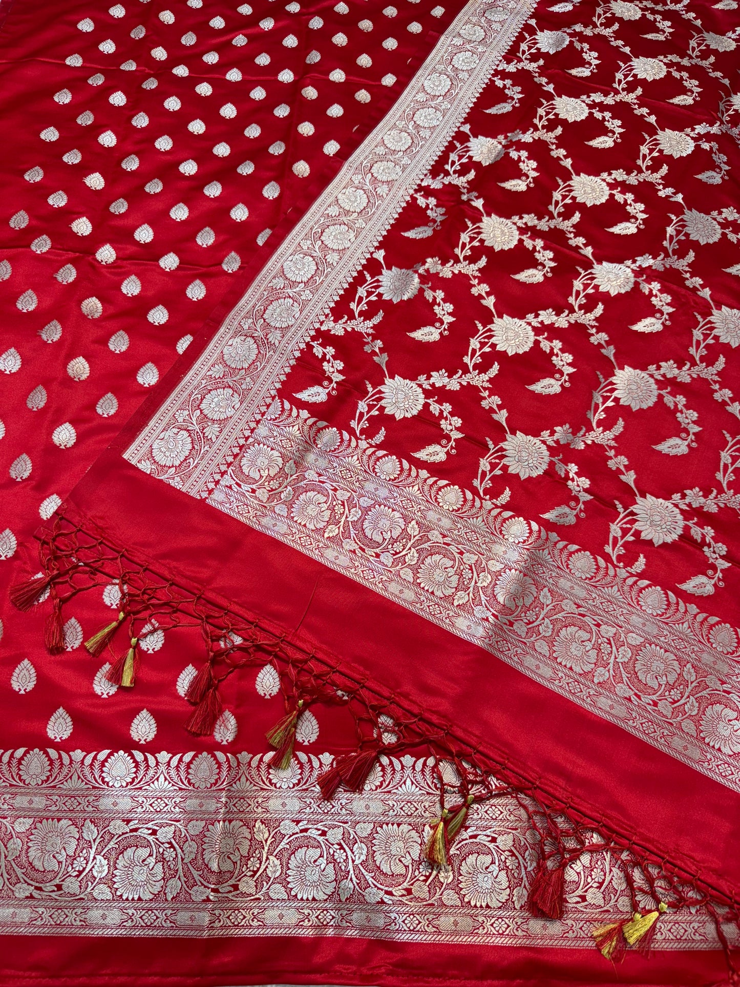 Red Satin Katan Three Piece Banarasi Suit
