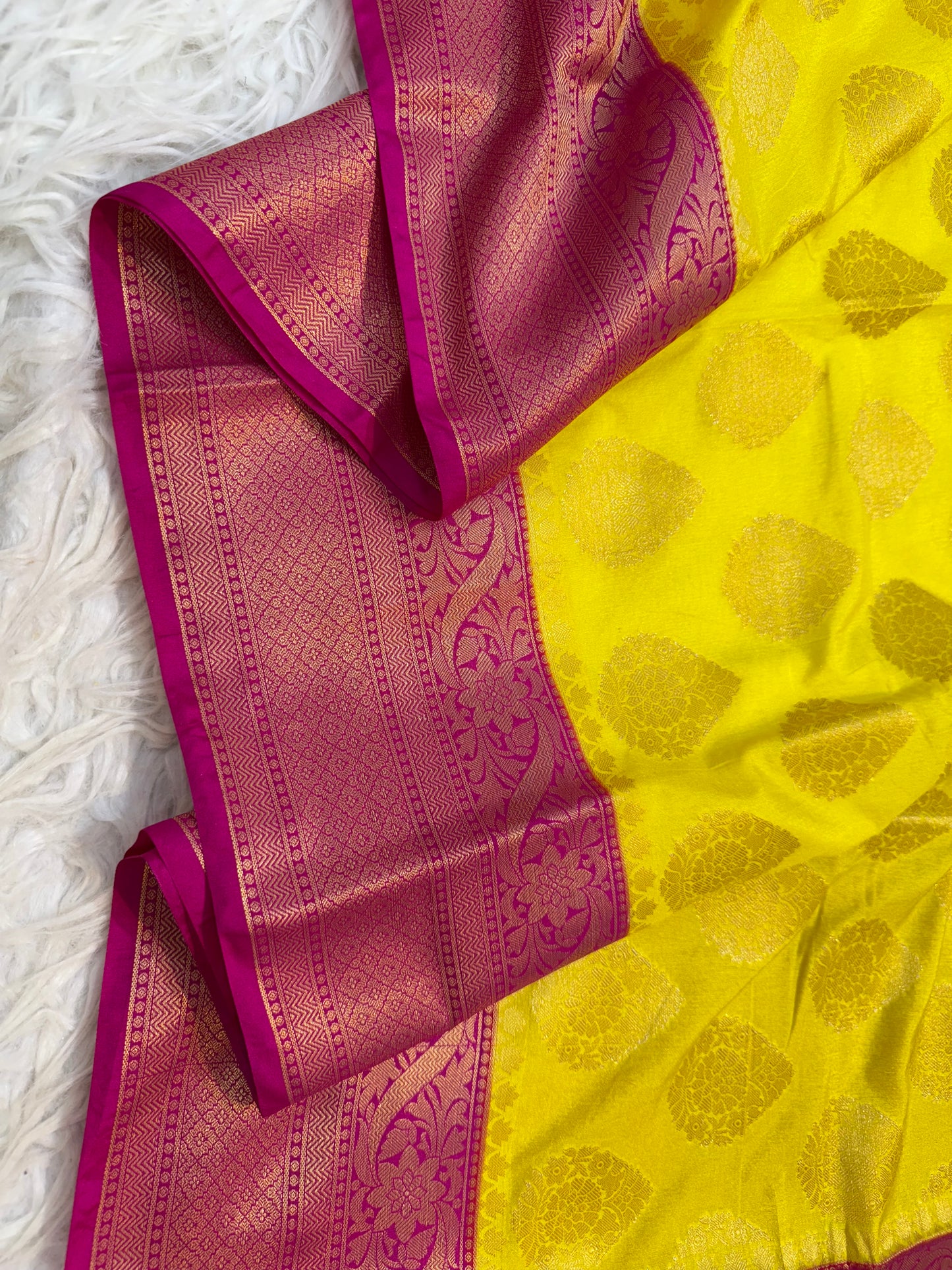 Yellow & royal pink Dupion Silk Banarasi Saree