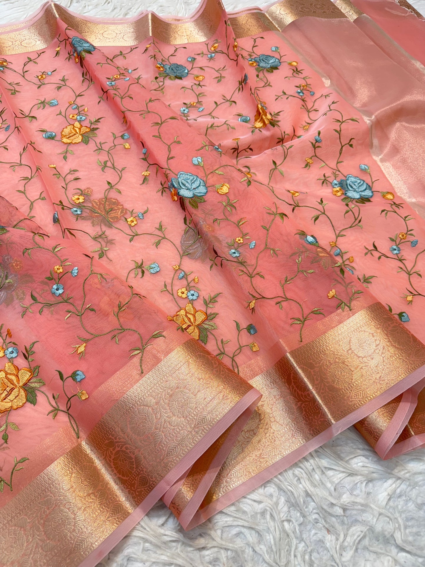 Peach shade organza embroidery Banarasi saree