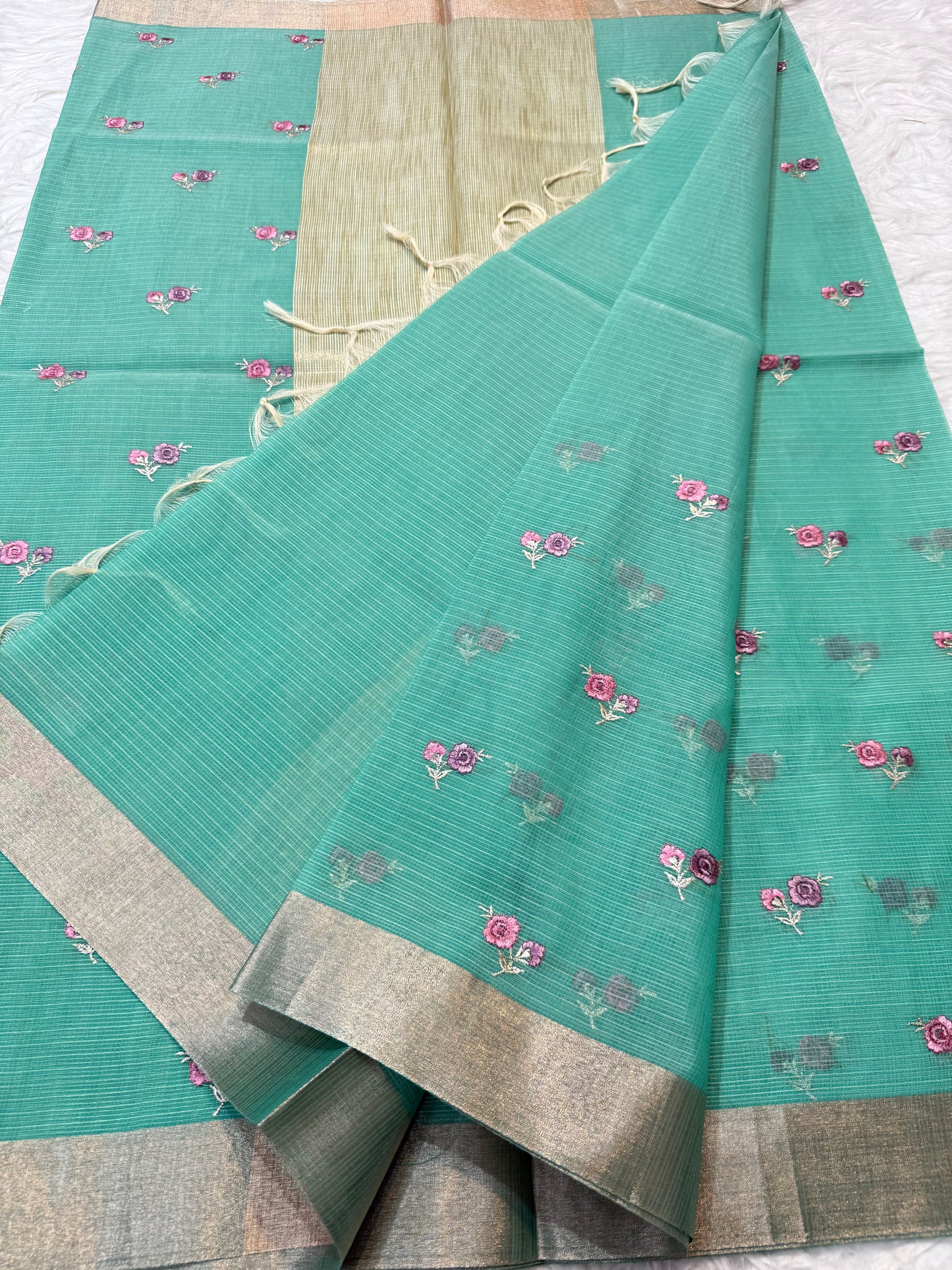 Sea green shade cotton kota embroidery Banarasi saree