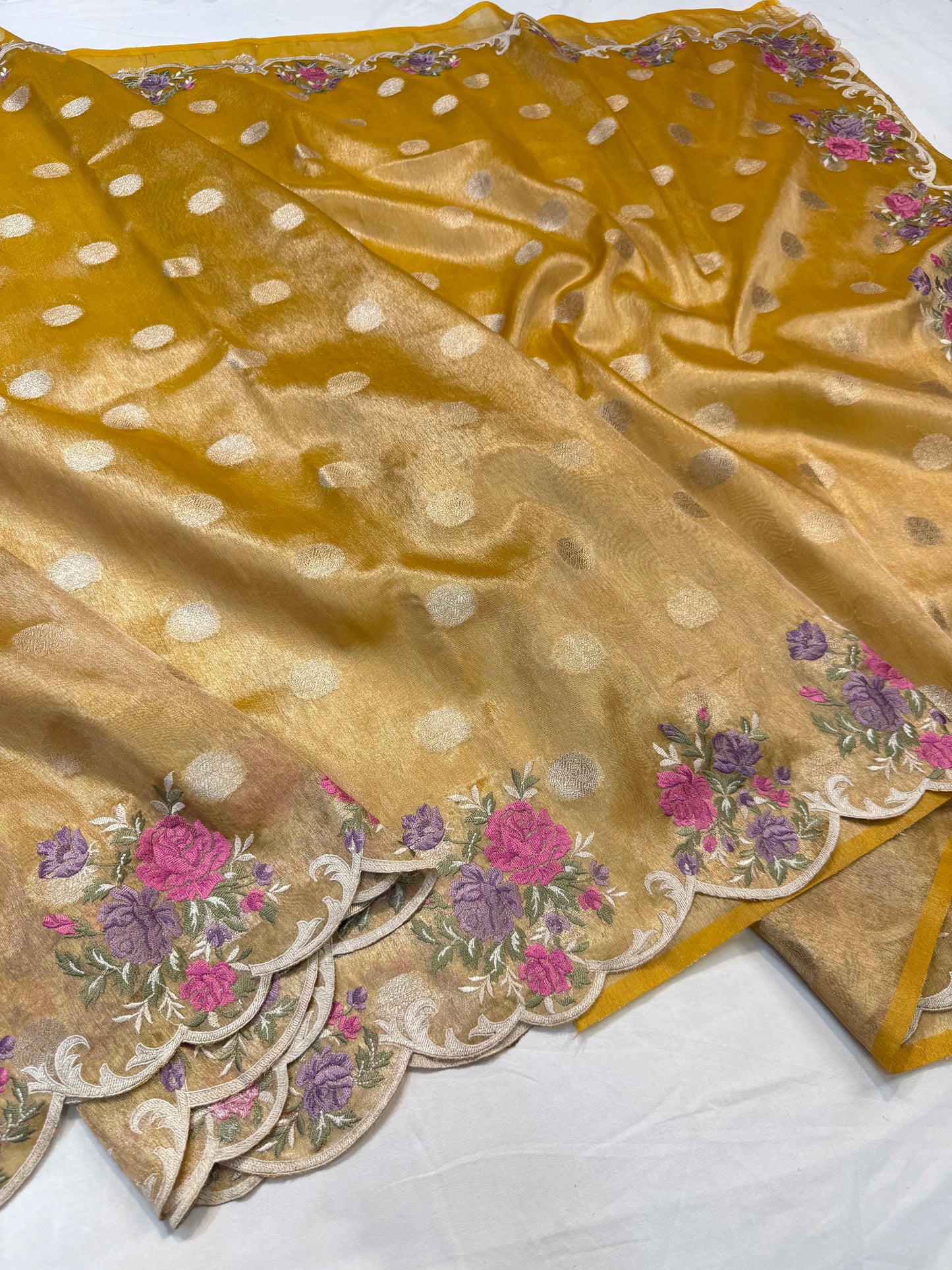 Gold tissue cutwork embroidery premium designer Banarasi saree