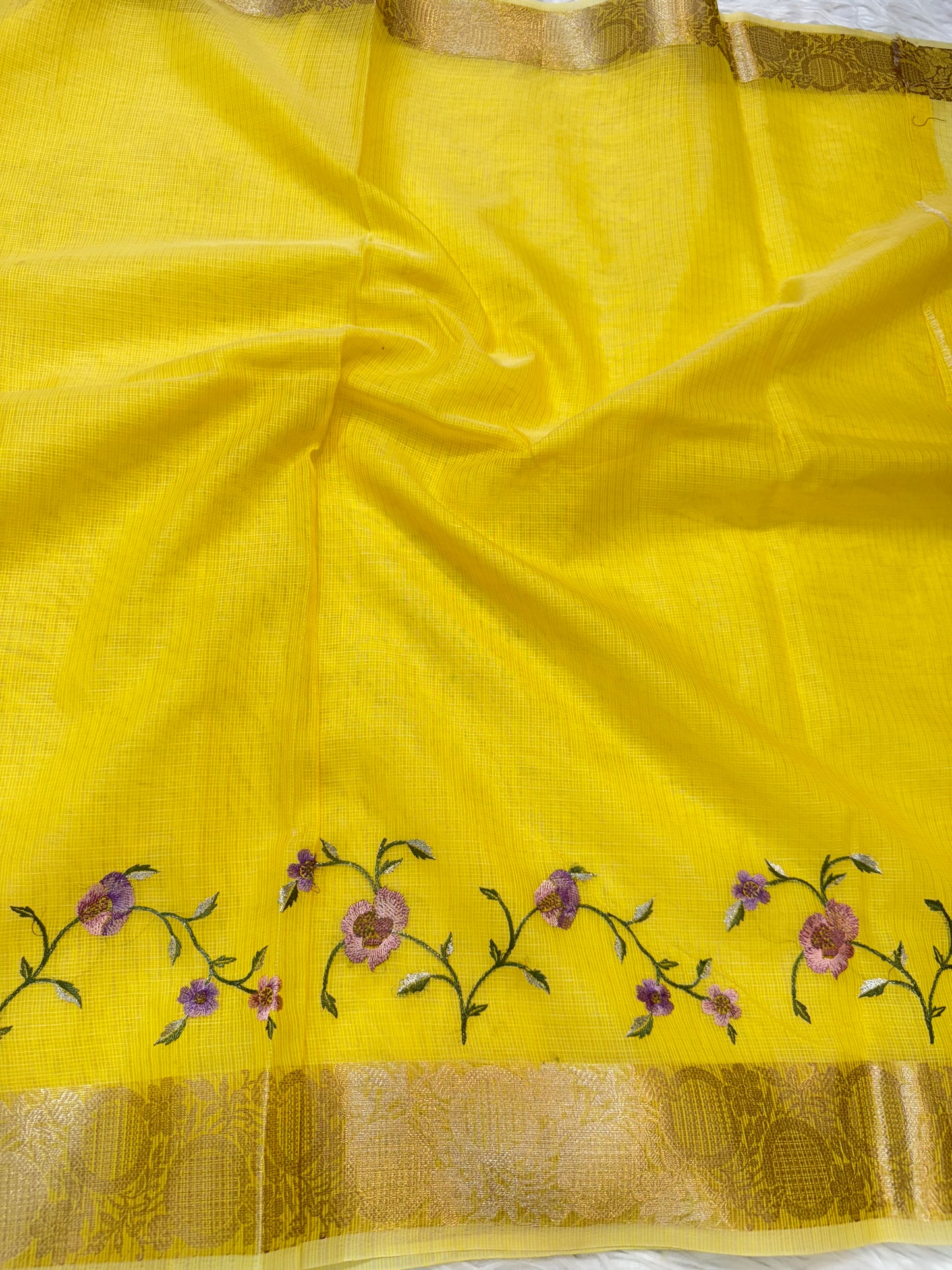 Yellow shade cotton kota embroidery Banarasi saree